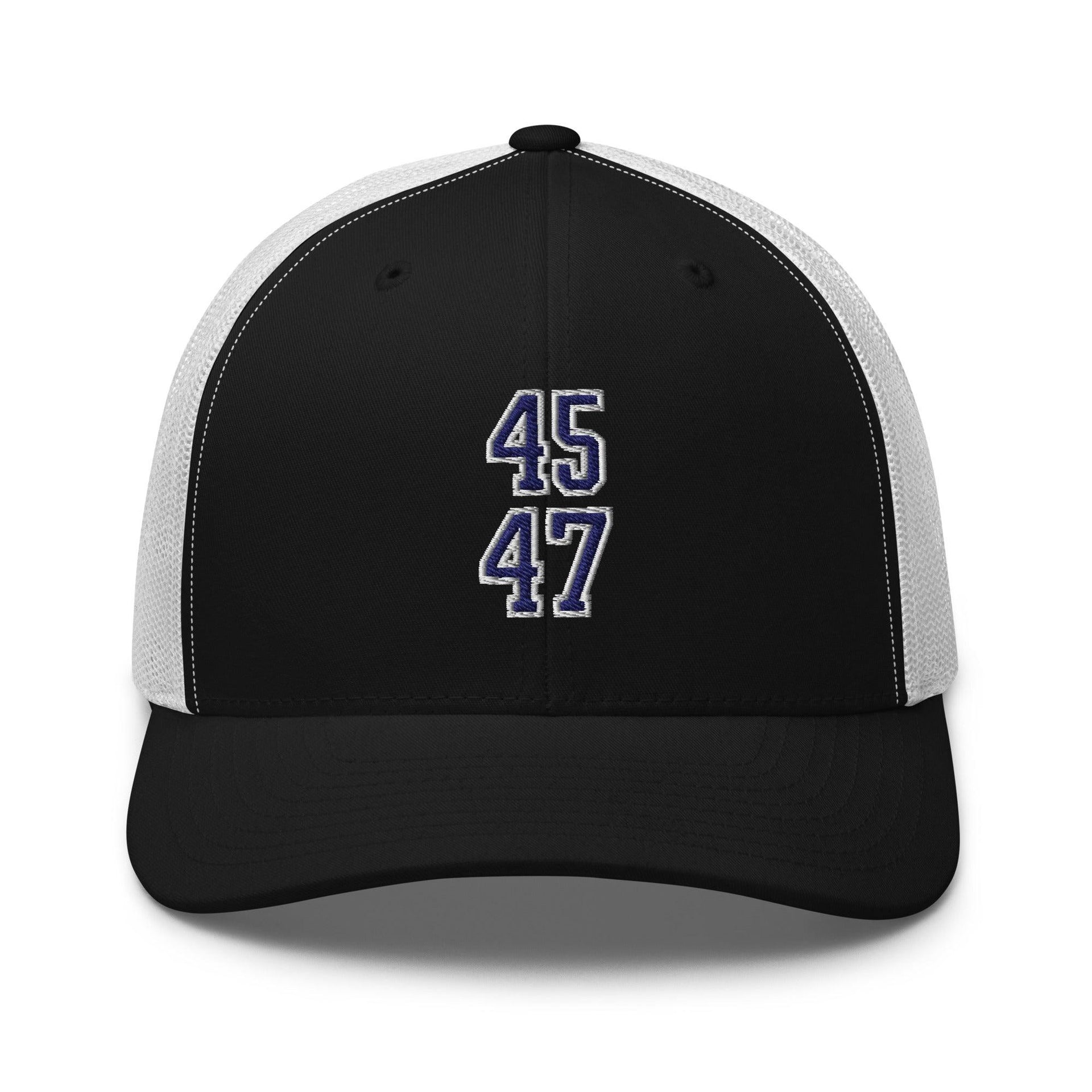 Donald Trump 45-47 Embroidered Mesh Trucker Hat Blue/White Black White Capital Crowns Conservative LADs Trucker Hats