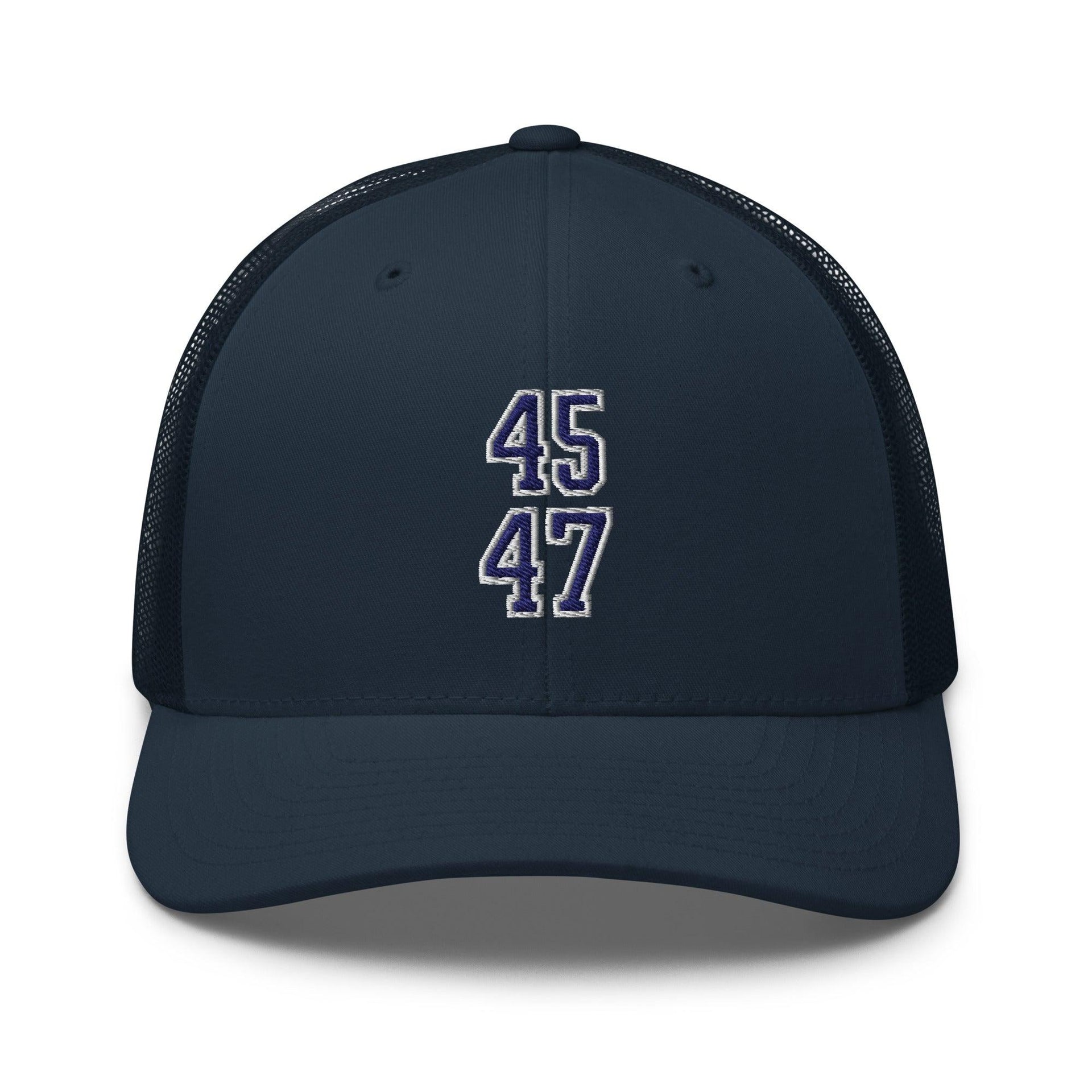 Donald Trump 45-47 Embroidered Mesh Trucker Hat Blue/White Navy Capital Crowns Conservative LADs Trucker Hats