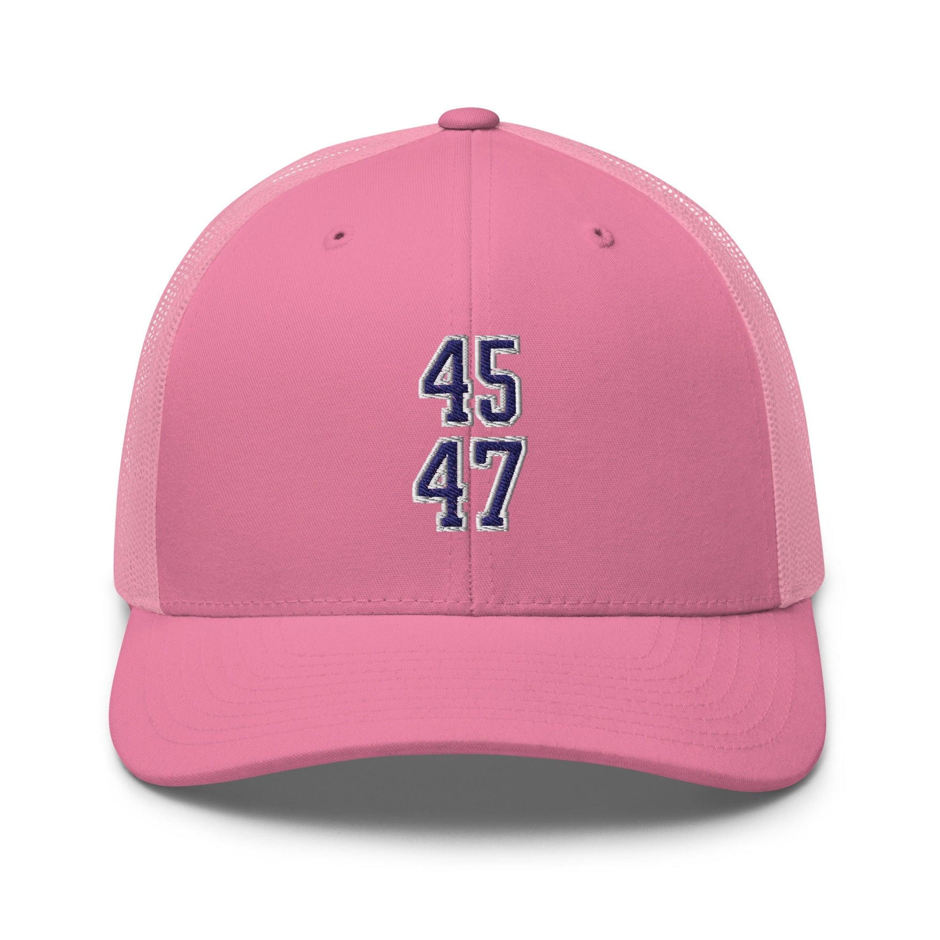 Donald Trump 45-47 Embroidered Mesh Trucker Hat Blue/White Pink Capital Crowns Conservative LADs Trucker Hats