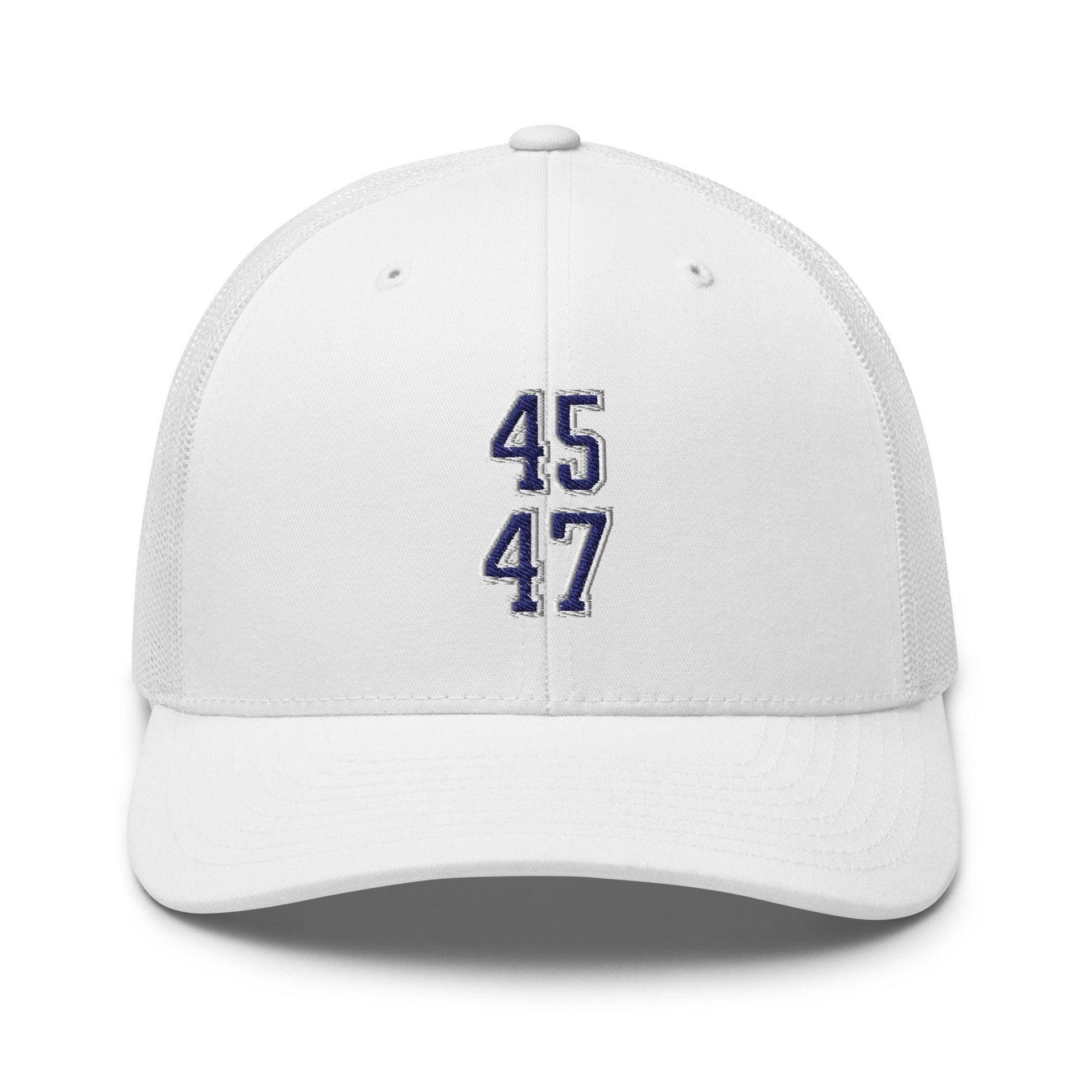 Donald Trump 45-47 Embroidered Mesh Trucker Hat Blue/White White Capital Crowns Conservative LADs Trucker Hats