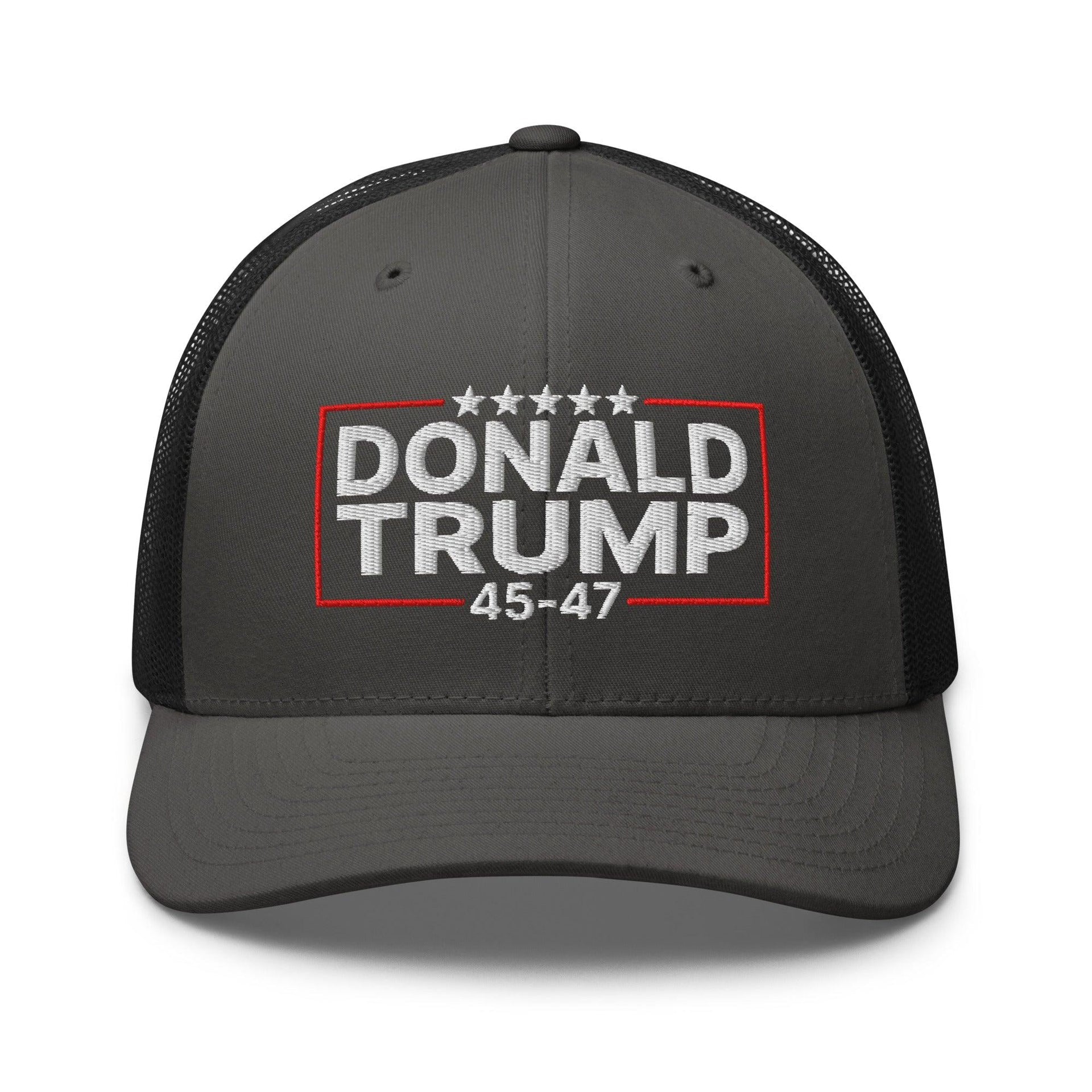 Donald Trump 45-47 Embroidered Mesh Trucker Hat Charcoal Black Capital Crowns Conservative LADs Trucker Hats