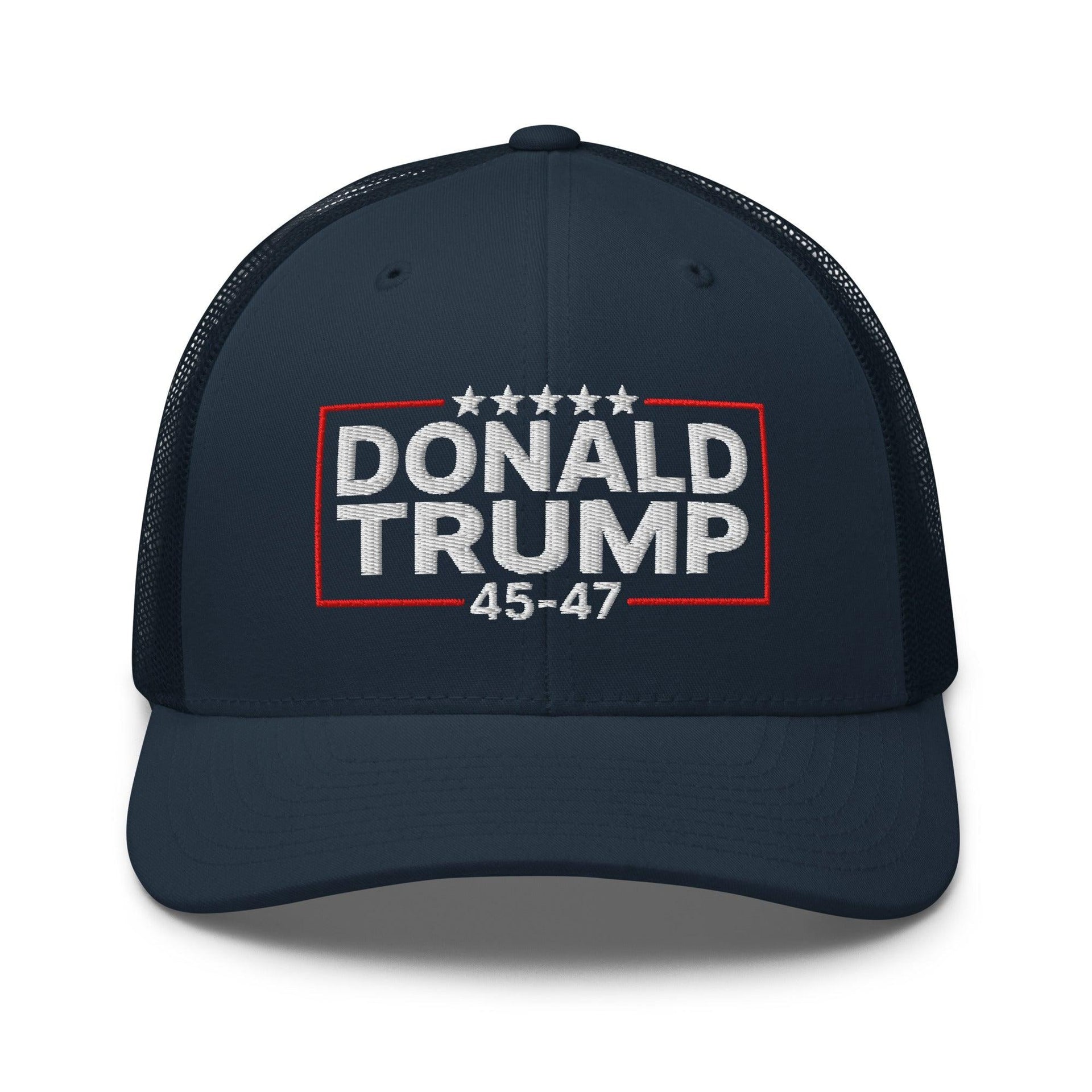 Donald Trump 45-47 Embroidered Mesh Trucker Hat Navy Capital Crowns Conservative LADs Trucker Hats