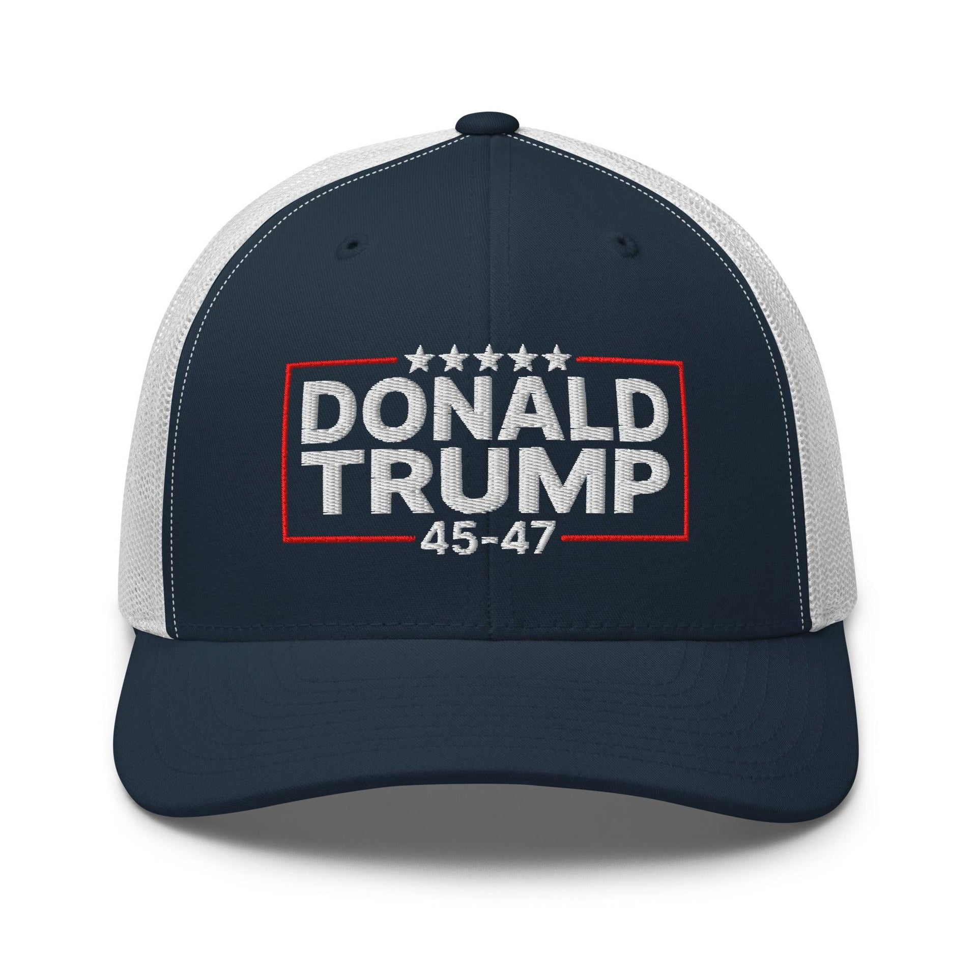Donald Trump 45-47 Embroidered Mesh Trucker Hat Navy White Capital Crowns Conservative LADs Trucker Hats