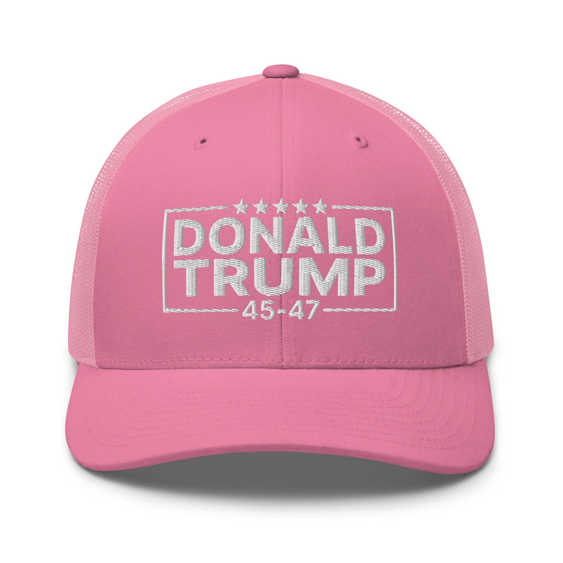 Donald Trump 45-47 Embroidered Mesh Trucker Hat Pink Capital Crowns Conservative LADs Trucker Hats