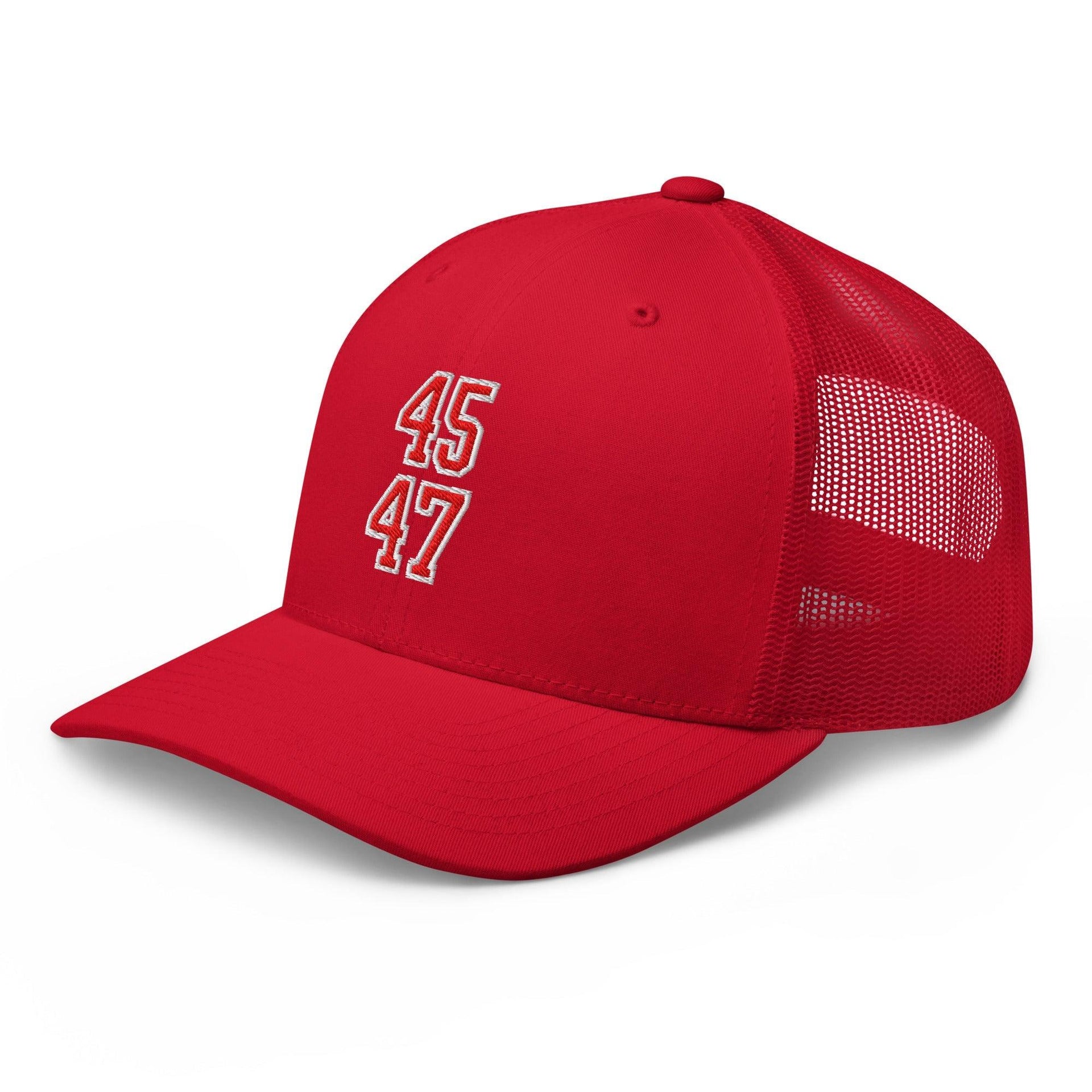 Donald Trump 45-47 Embroidered Mesh Trucker Hat Red/White Capital Crowns Conservative LADs Trucker Hats