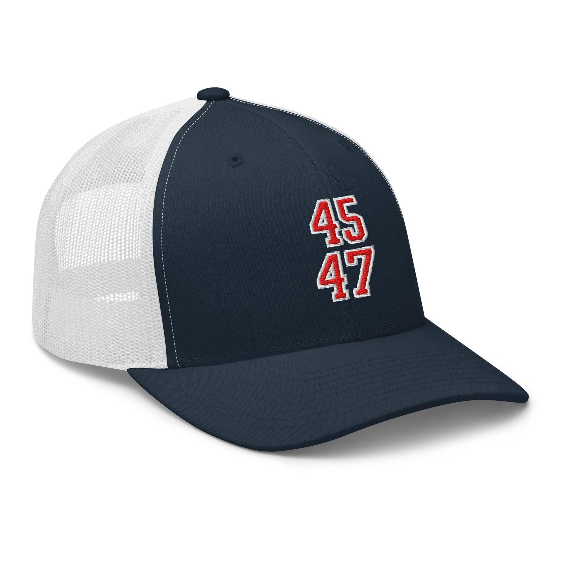 Donald Trump 45-47 Embroidered Mesh Trucker Hat Red/White Capital Crowns Conservative LADs Trucker Hats