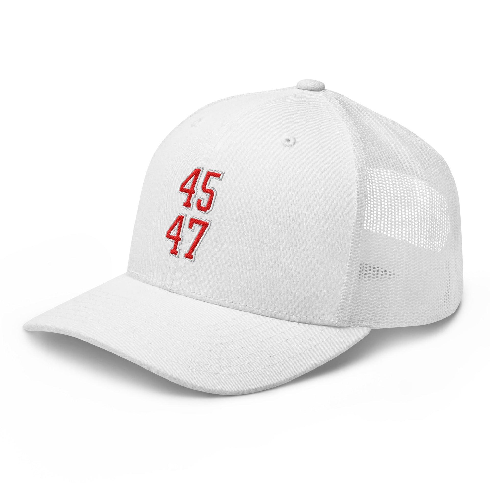 Donald Trump 45-47 Embroidered Mesh Trucker Hat Red/White Capital Crowns Conservative LADs Trucker Hats