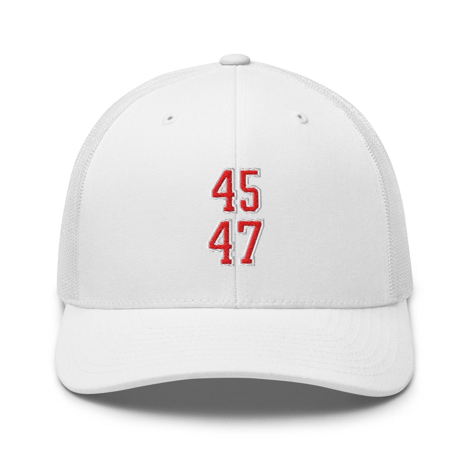 Donald Trump 45-47 Embroidered Mesh Trucker Hat Red/White White Capital Crowns Conservative LADs Trucker Hats