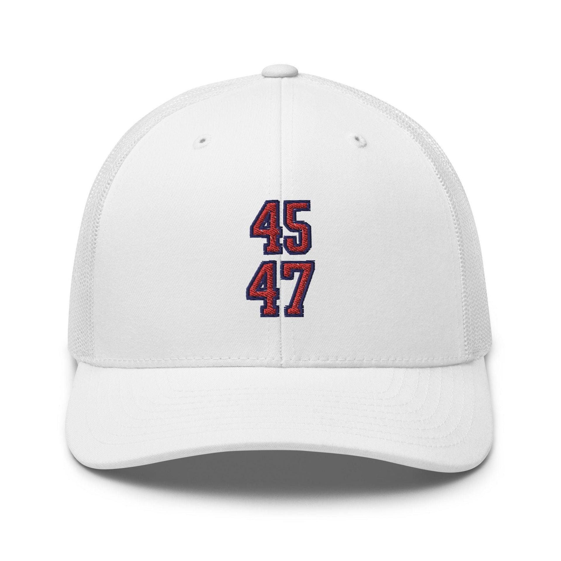 Donald Trump 45-47 Retro Trucker Hat White Capital Crowns Conservative LADs Trucker Hats