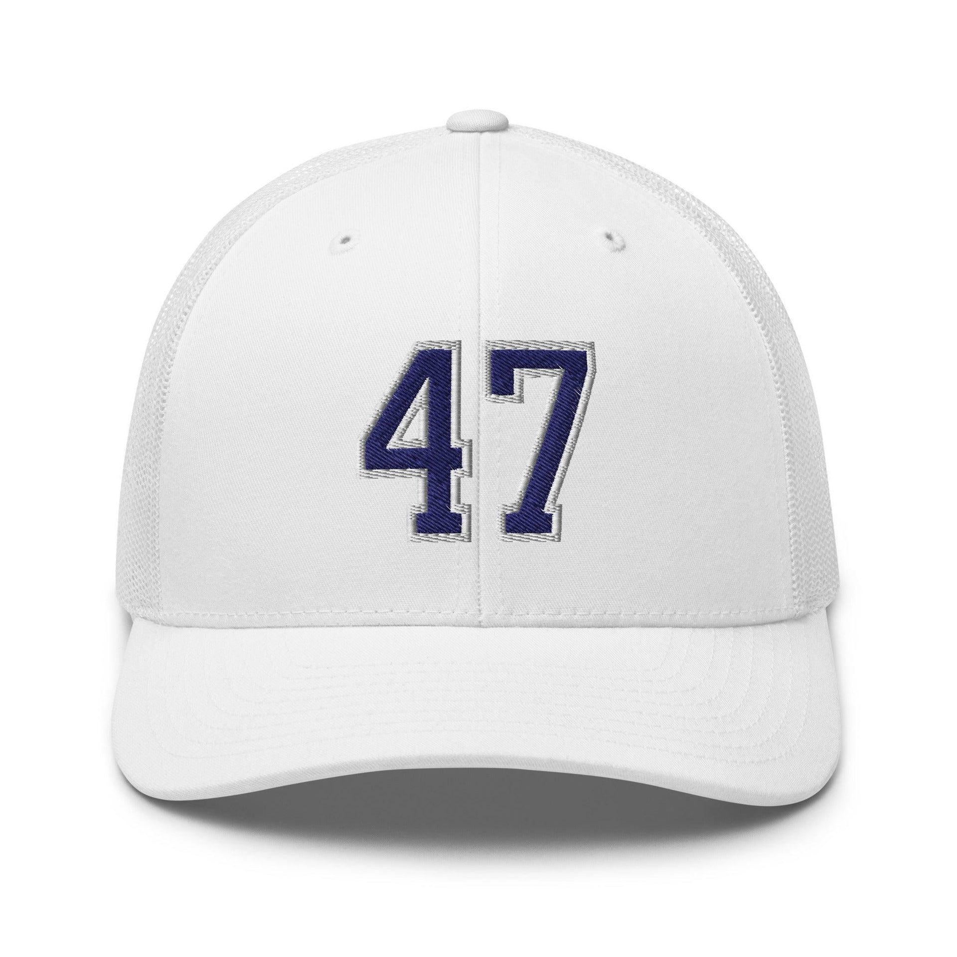 Donald Trump 47 Embroidered Mesh Trucker Hat Blue/White White Capital Crowns Conservative LADs Trucker Hats