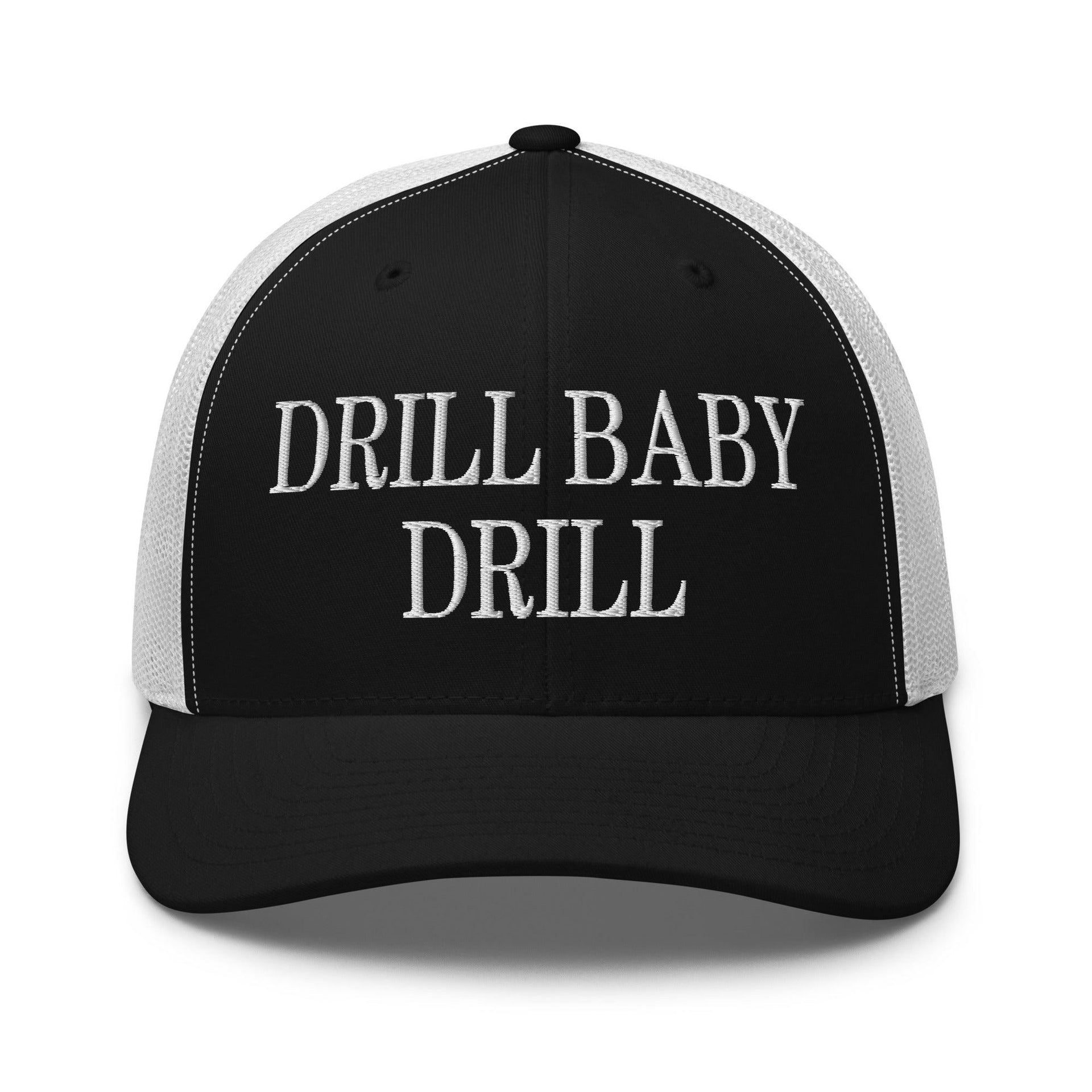Drill Baby Drill Retro Trucker Hat Black White Capital Crowns Conservative Trucker Hats