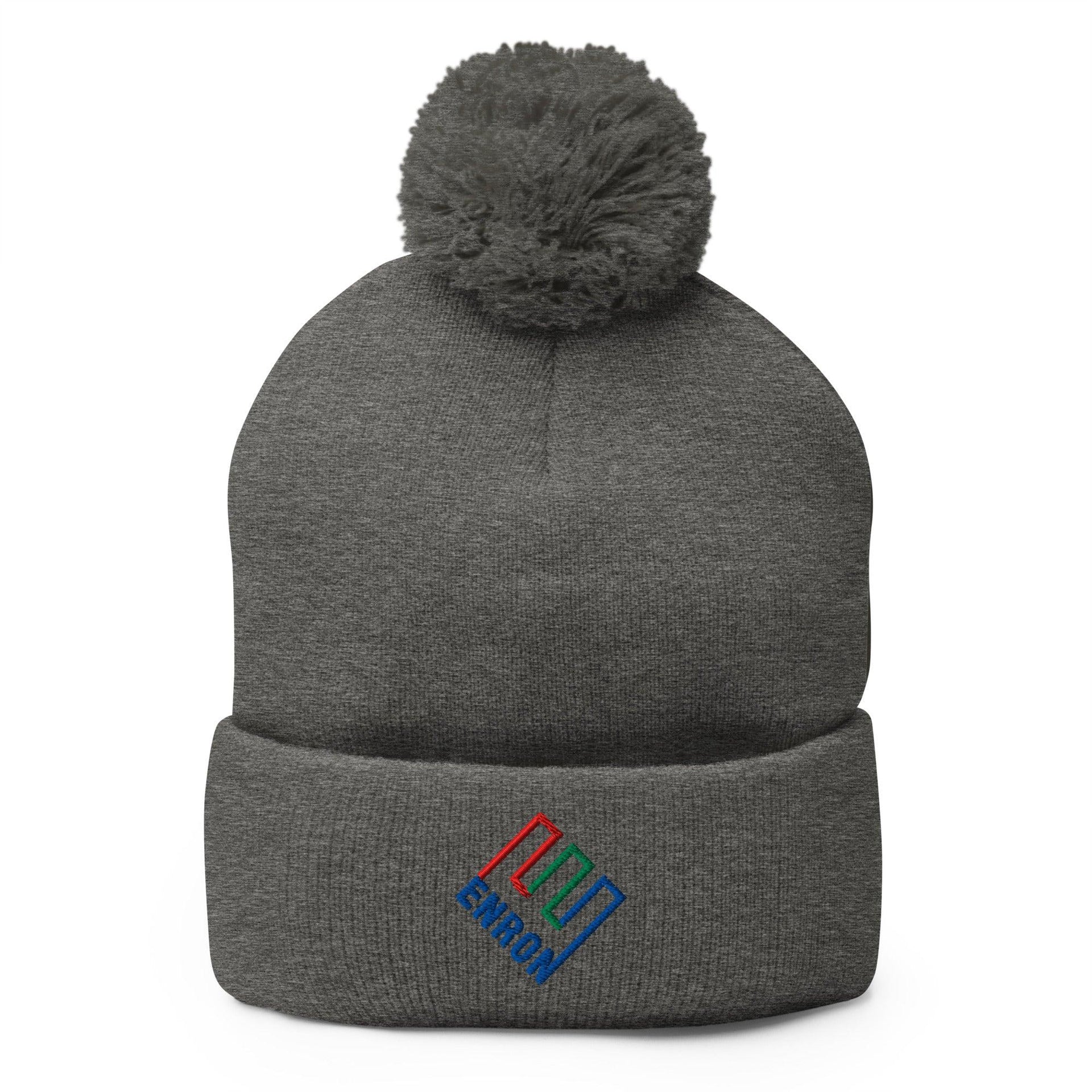 Enron Embroidered Knit Pom Pom Beanie Dark Heather Grey Beanies Capital Crowns Funny