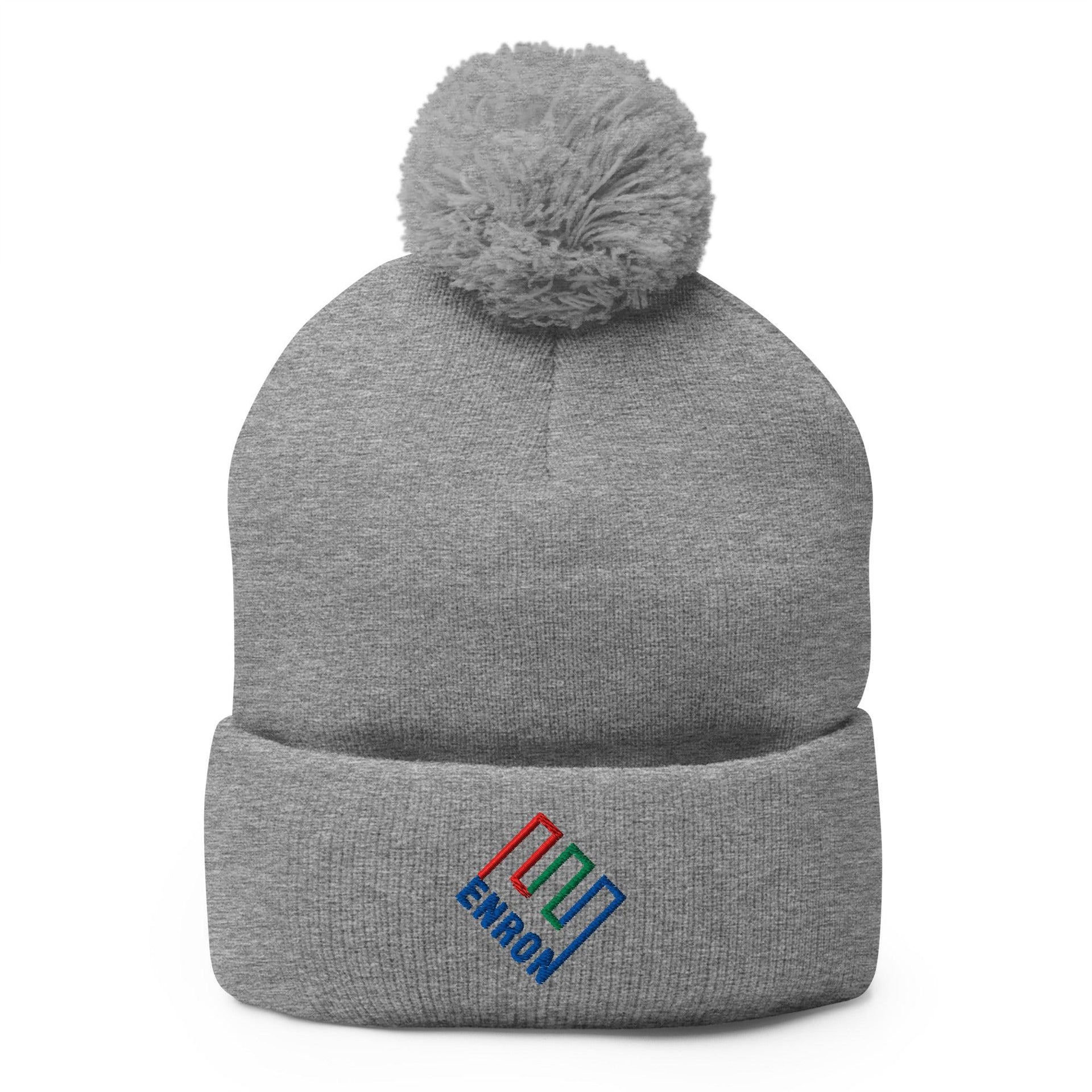 Enron Embroidered Knit Pom Pom Beanie Heather Grey Beanies Capital Crowns Funny