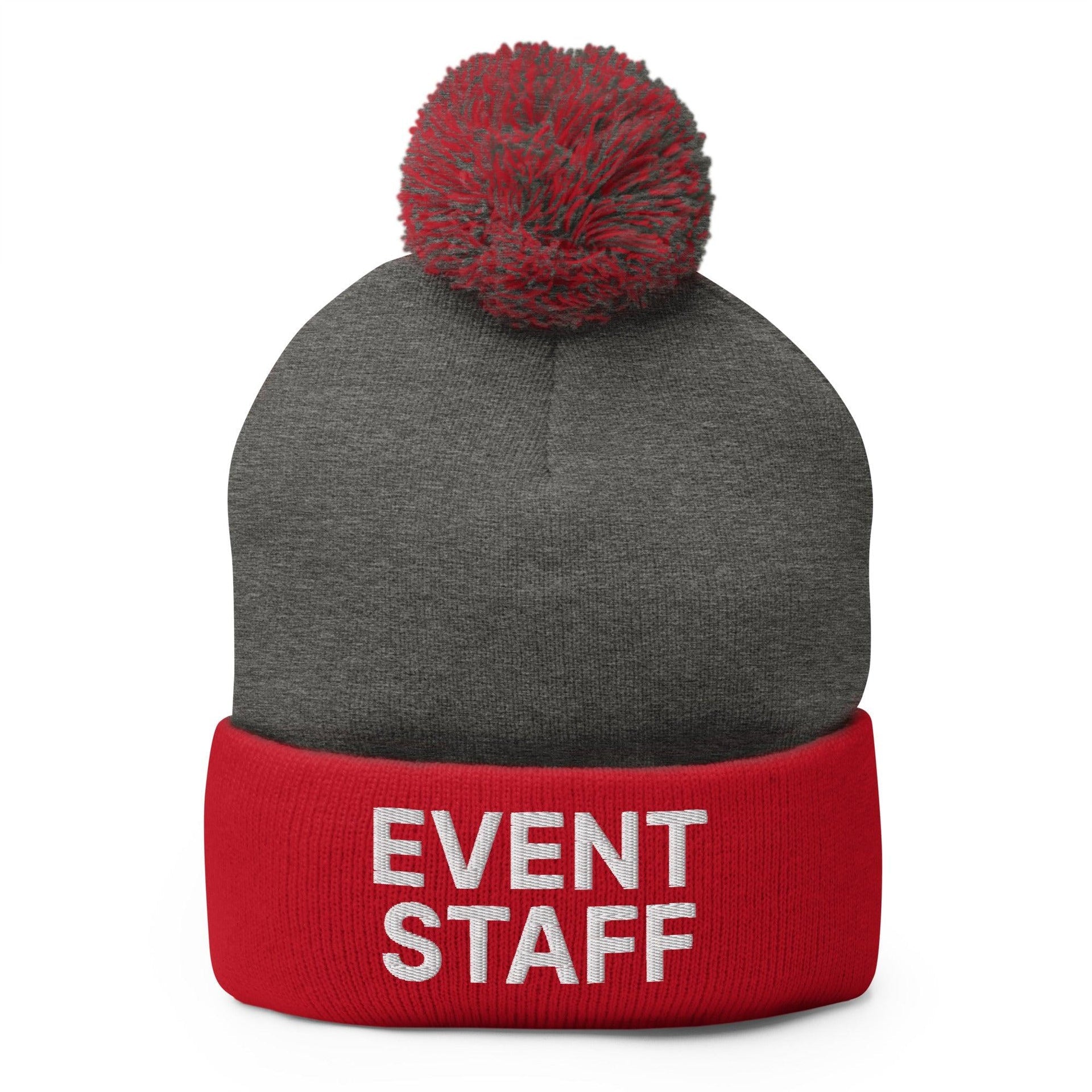Event Staff Uniform Block Embroidered Knit Pom Pom Beanie Dark Heather Grey Red Beanies Capital Crowns Work