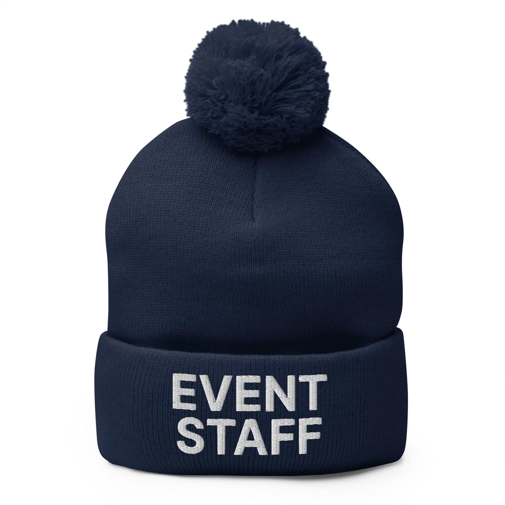 Event Staff Uniform Block Embroidered Knit Pom Pom Beanie Navy Beanies Capital Crowns Work