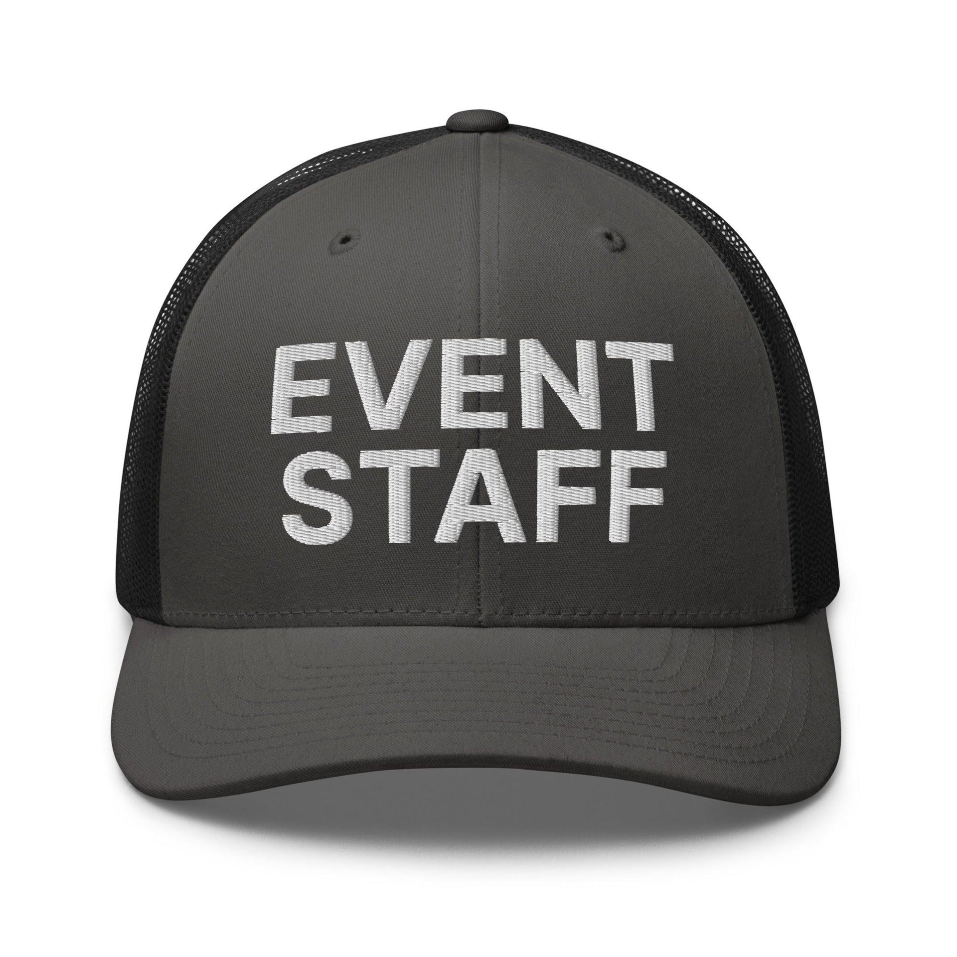Event Staff Work Block Embroidered Mesh Trucker Hat Charcoal Black Capital Crowns Trucker Hats Work