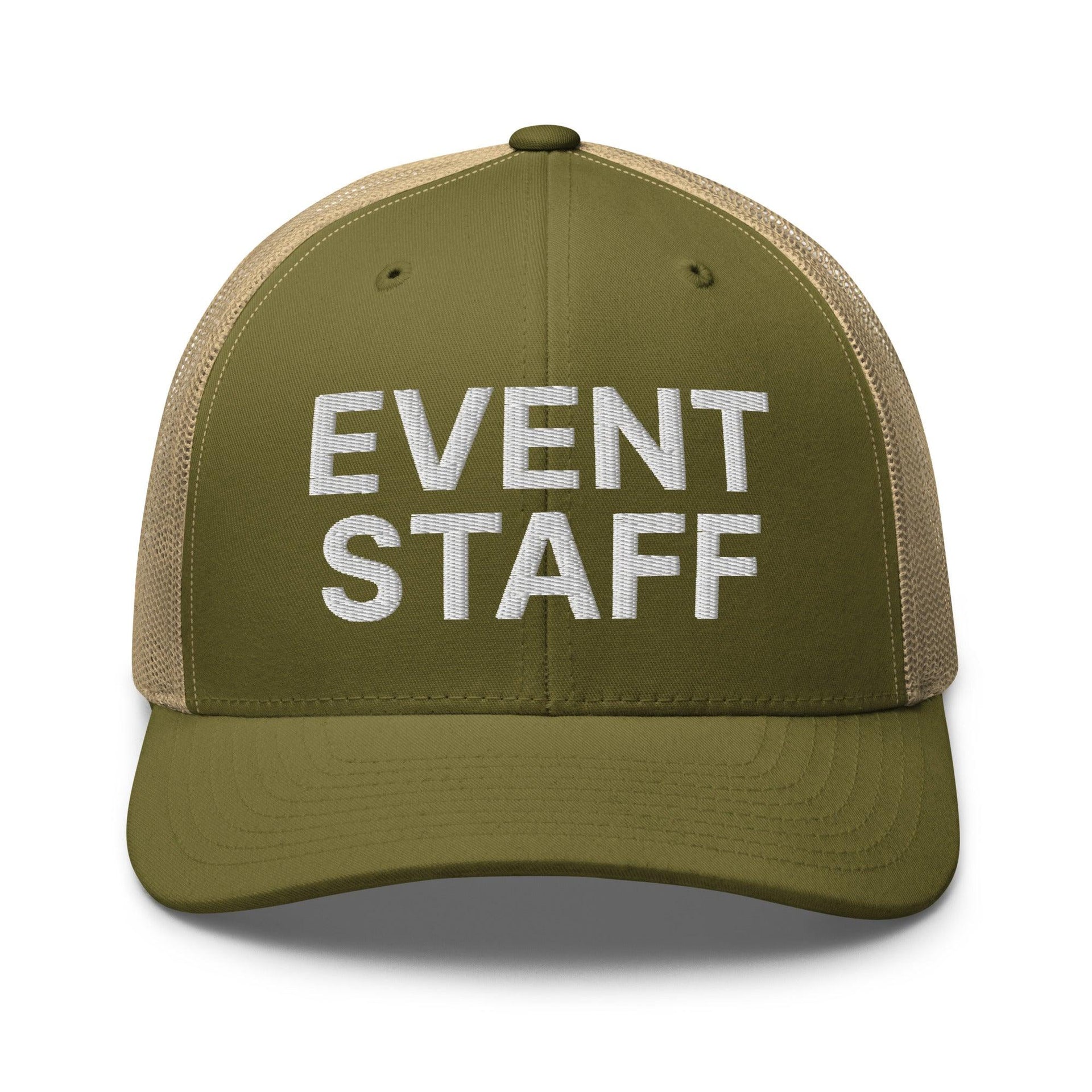 Event Staff Work Block Embroidered Mesh Trucker Hat Moss Khaki Capital Crowns Trucker Hats Work