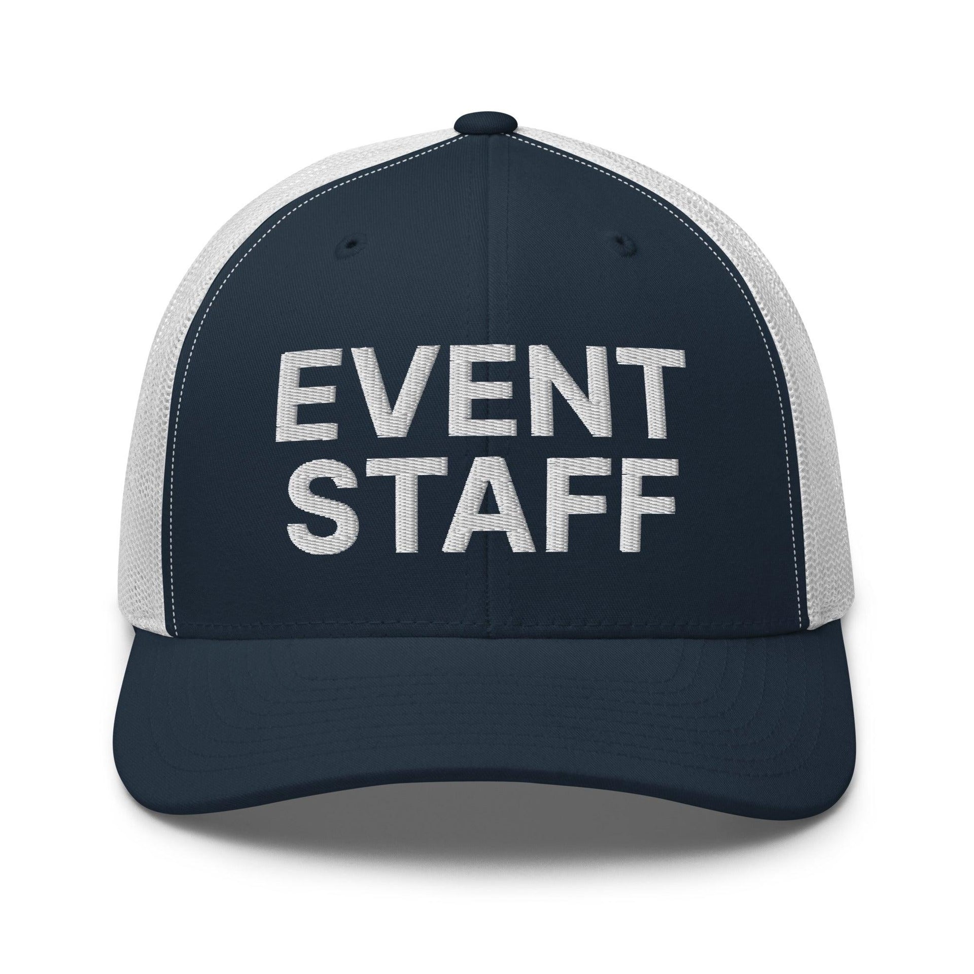 Event Staff Work Block Embroidered Mesh Trucker Hat Navy White Capital Crowns Trucker Hats Work