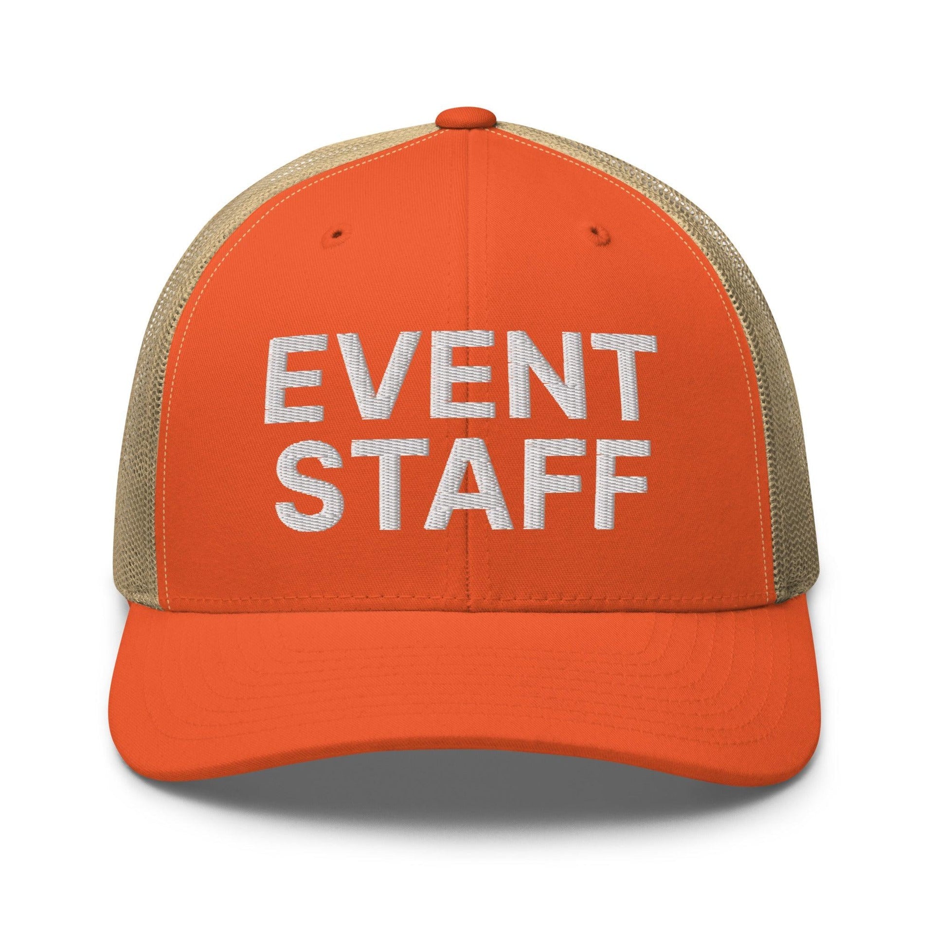 Event Staff Work Block Embroidered Mesh Trucker Hat Rustic Orange Khaki Capital Crowns Trucker Hats Work