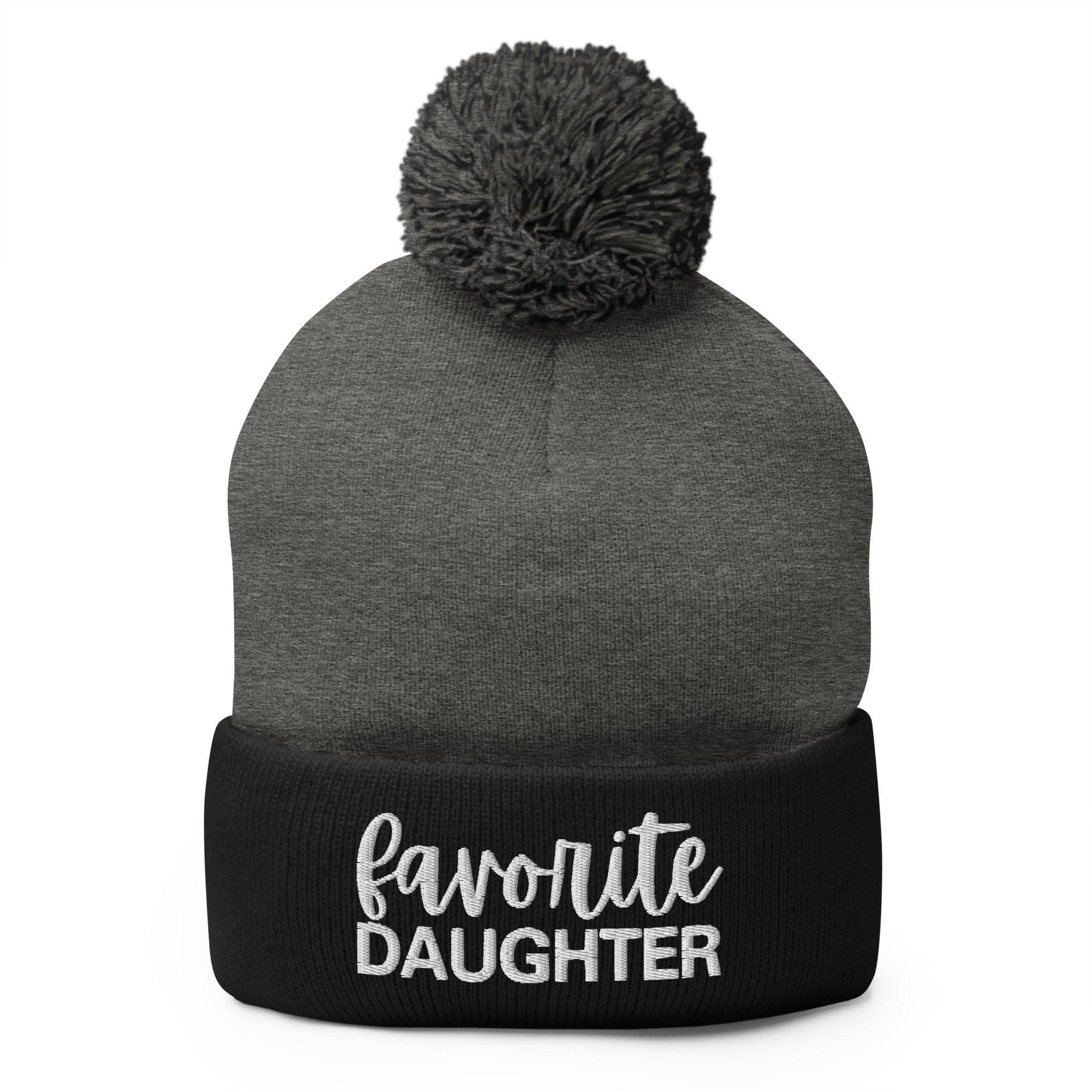 Favorite Daughter Embroidered Knit Pom Pom Beanie Dark Heather Grey Black Beanies Capital Crowns Funny