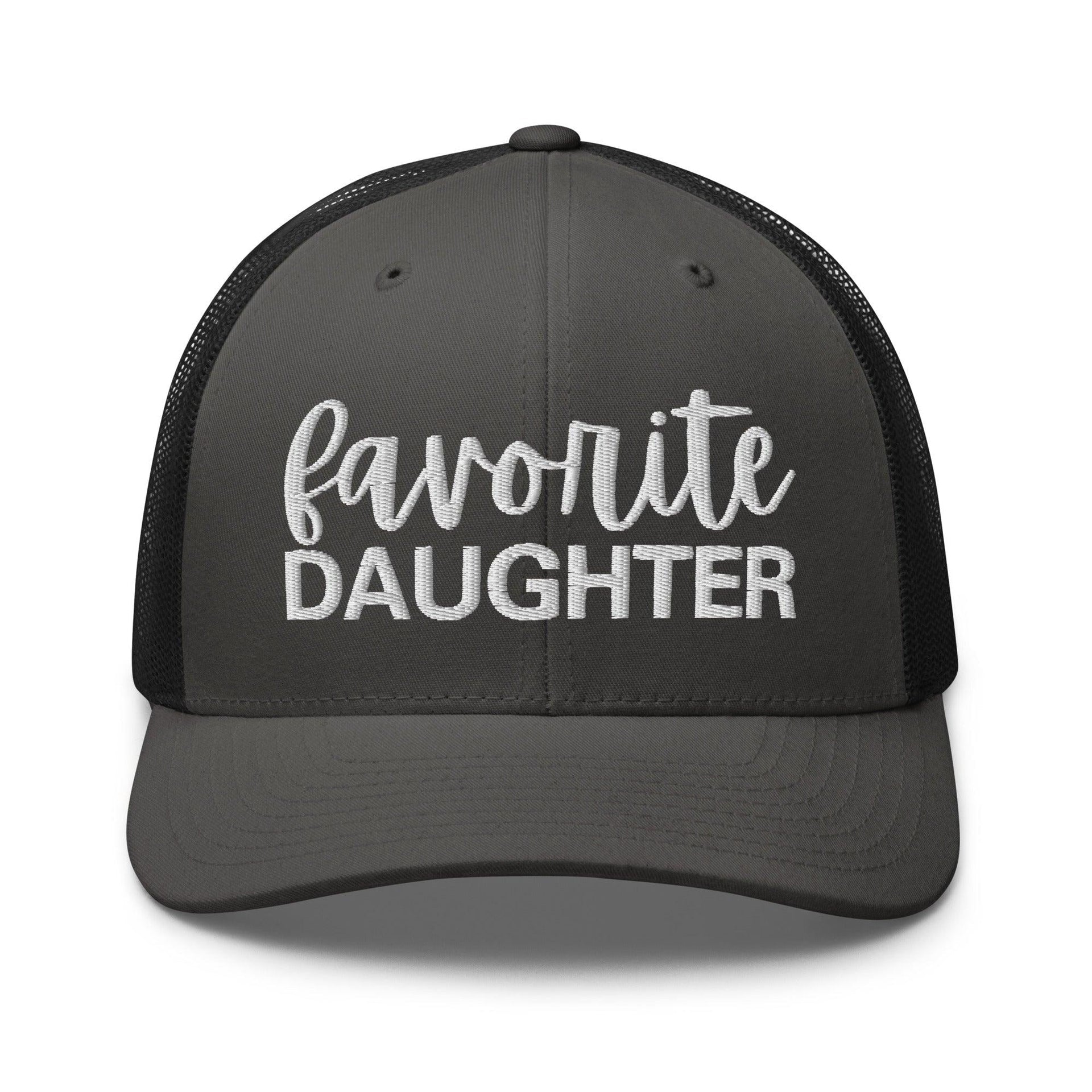 Favorite Daughter Embroidered Mesh Trucker Hat Charcoal Black Capital Crowns Funny Trucker Hats