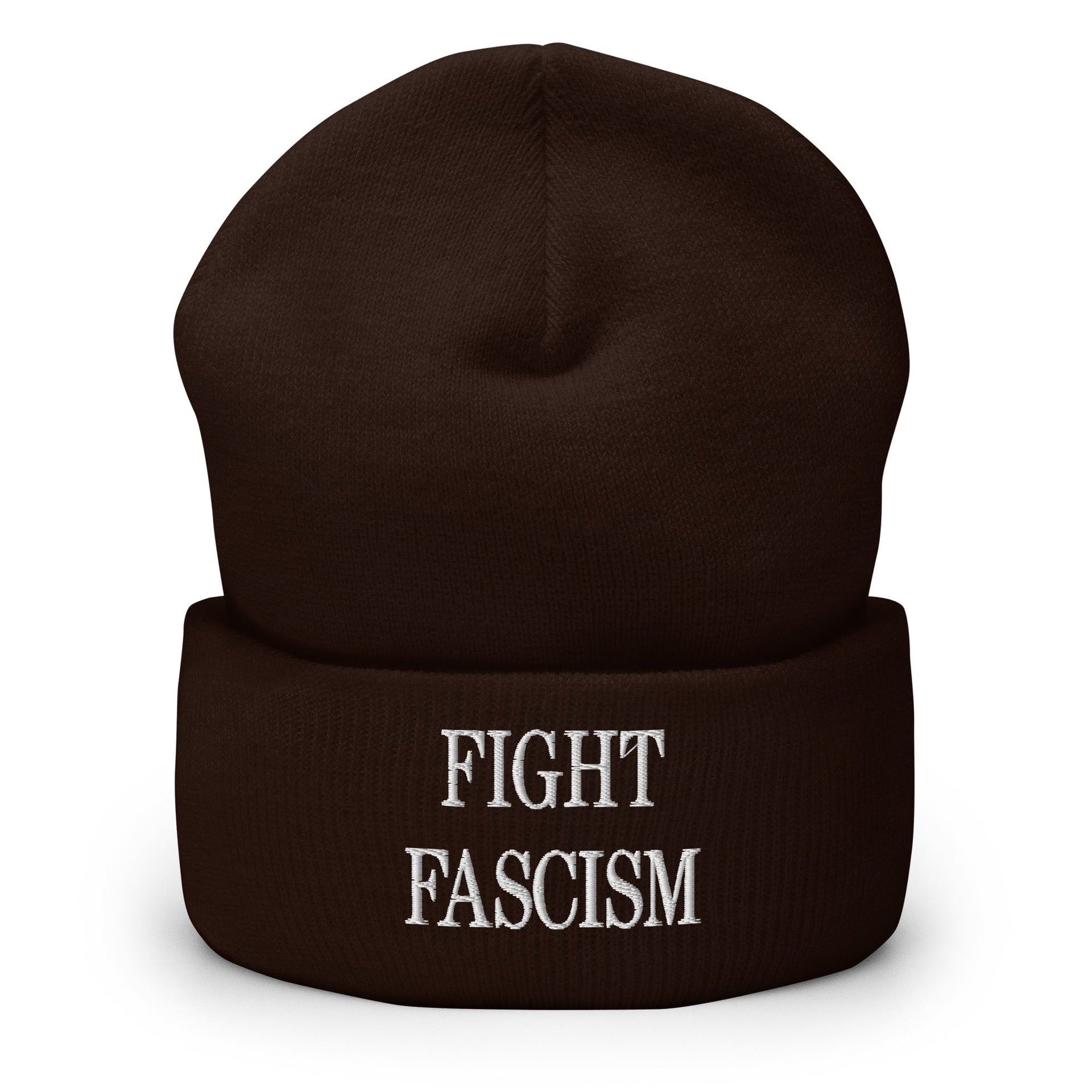 Fight Fascism Embroidered Cuffed Knit Beanie Brown Beanies Capital Crowns Liberal