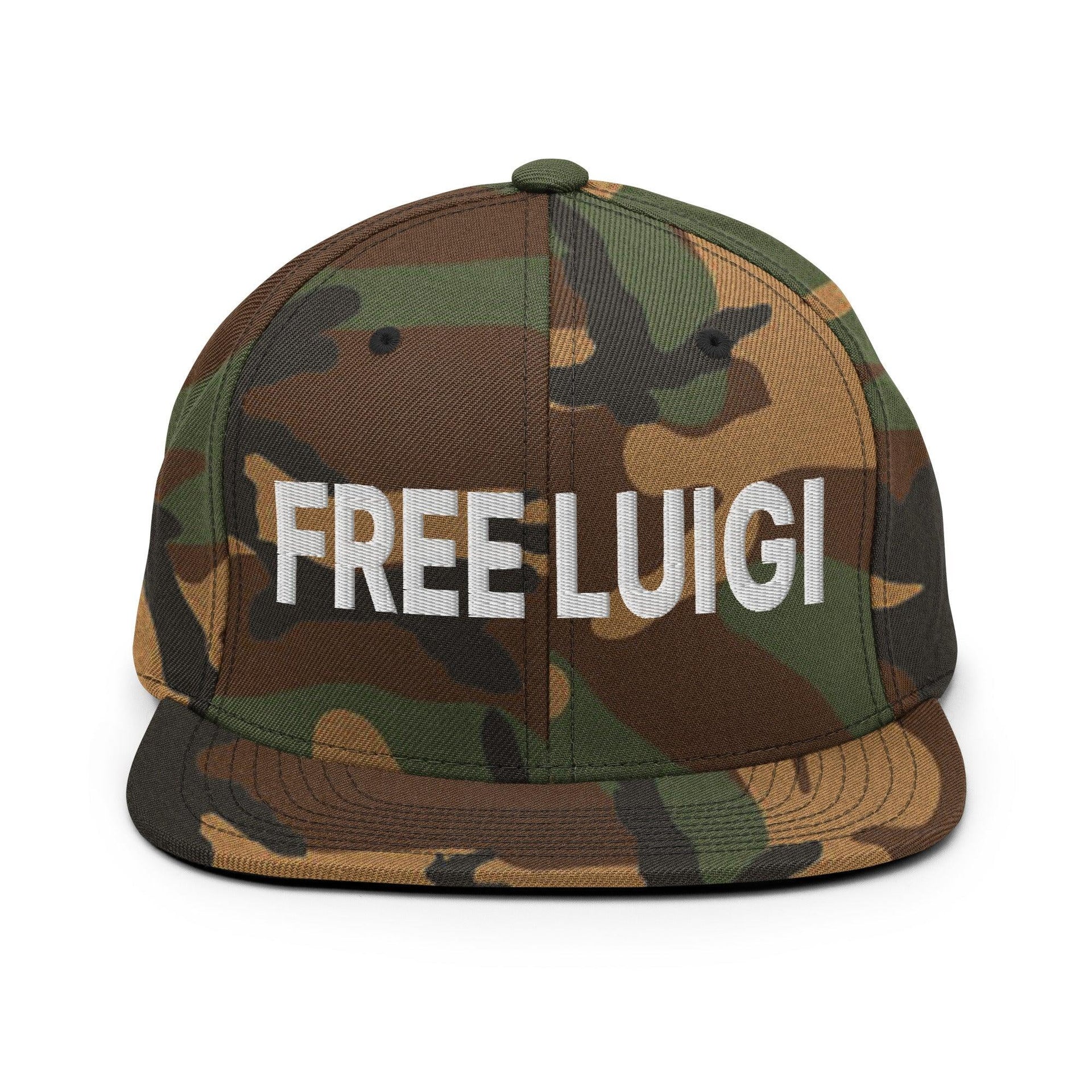 Free Luigi Mangione Embroidered Flat Bill Brim Snapback Hat Green Camo Capital Crowns Funny LADs Luigi Luigi Apparel luigi mangione Snapback Hats