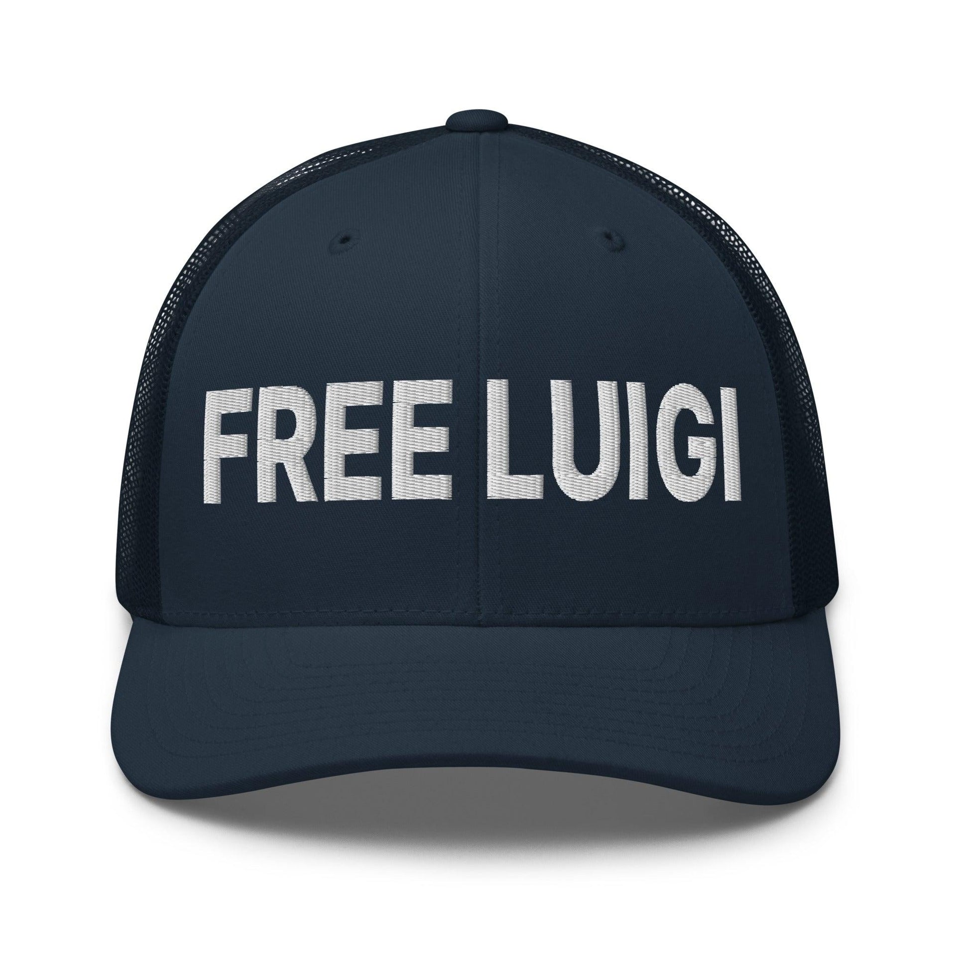 Free Luigi Mangione Embroidered Mesh Trucker Hat Navy Capital Crowns Funny LADs Luigi Luigi Apparel luigi mangione Trucker Hats
