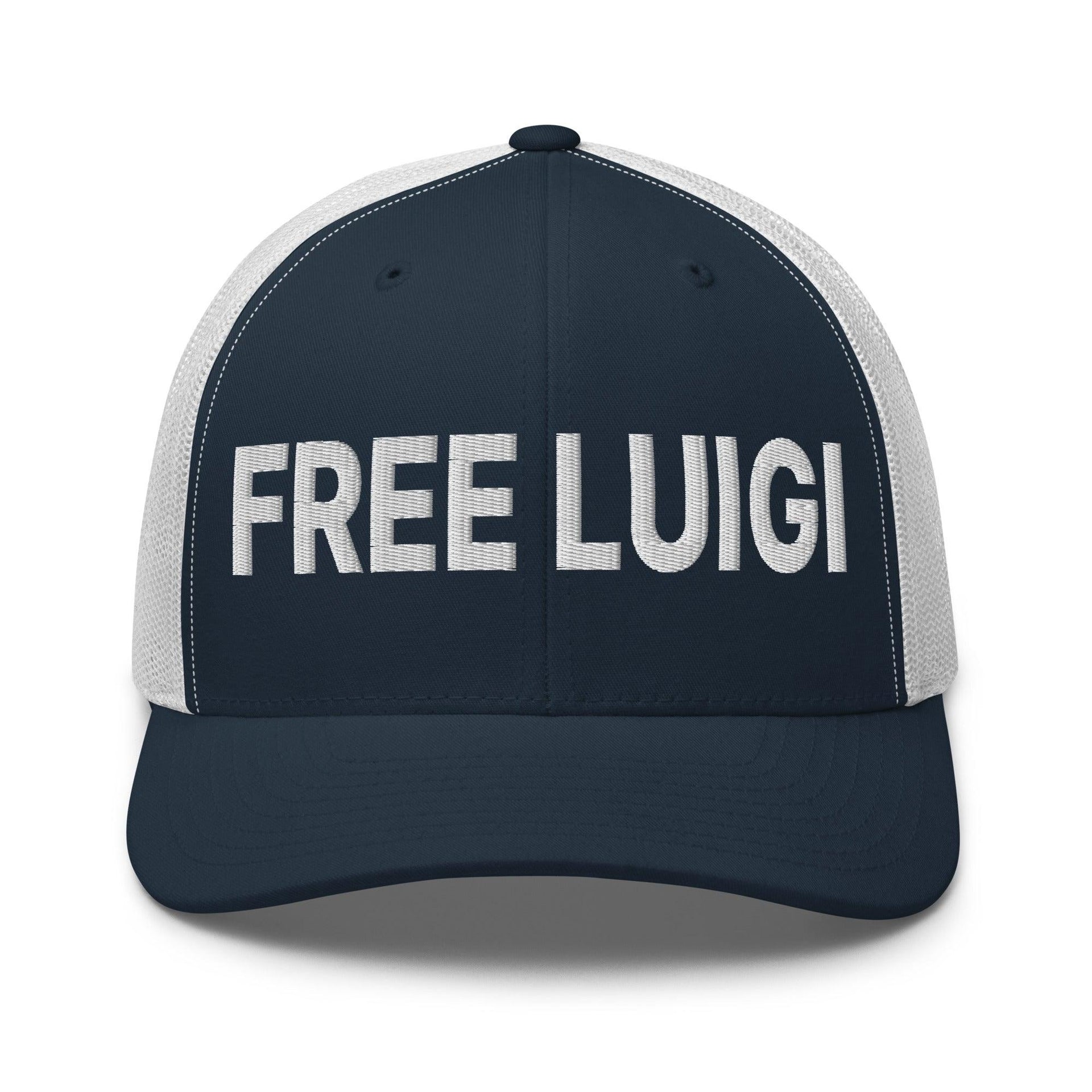 Free Luigi Mangione Embroidered Mesh Trucker Hat Navy White Capital Crowns Funny LADs Luigi Luigi Apparel luigi mangione Trucker Hats