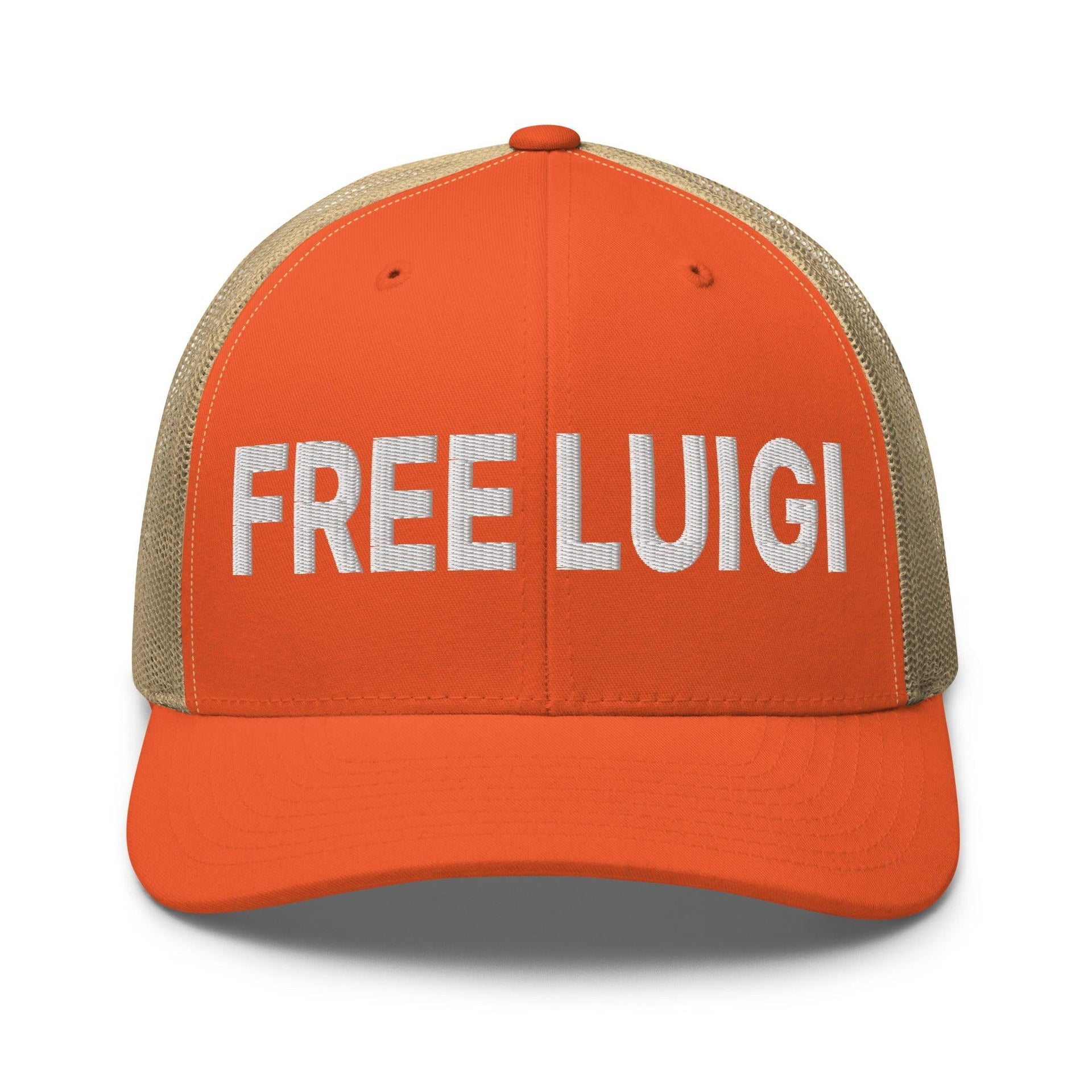 Free Luigi Mangione Embroidered Mesh Trucker Hat Rustic Orange Khaki Capital Crowns Funny LADs Luigi Luigi Apparel luigi mangione Trucker Hats