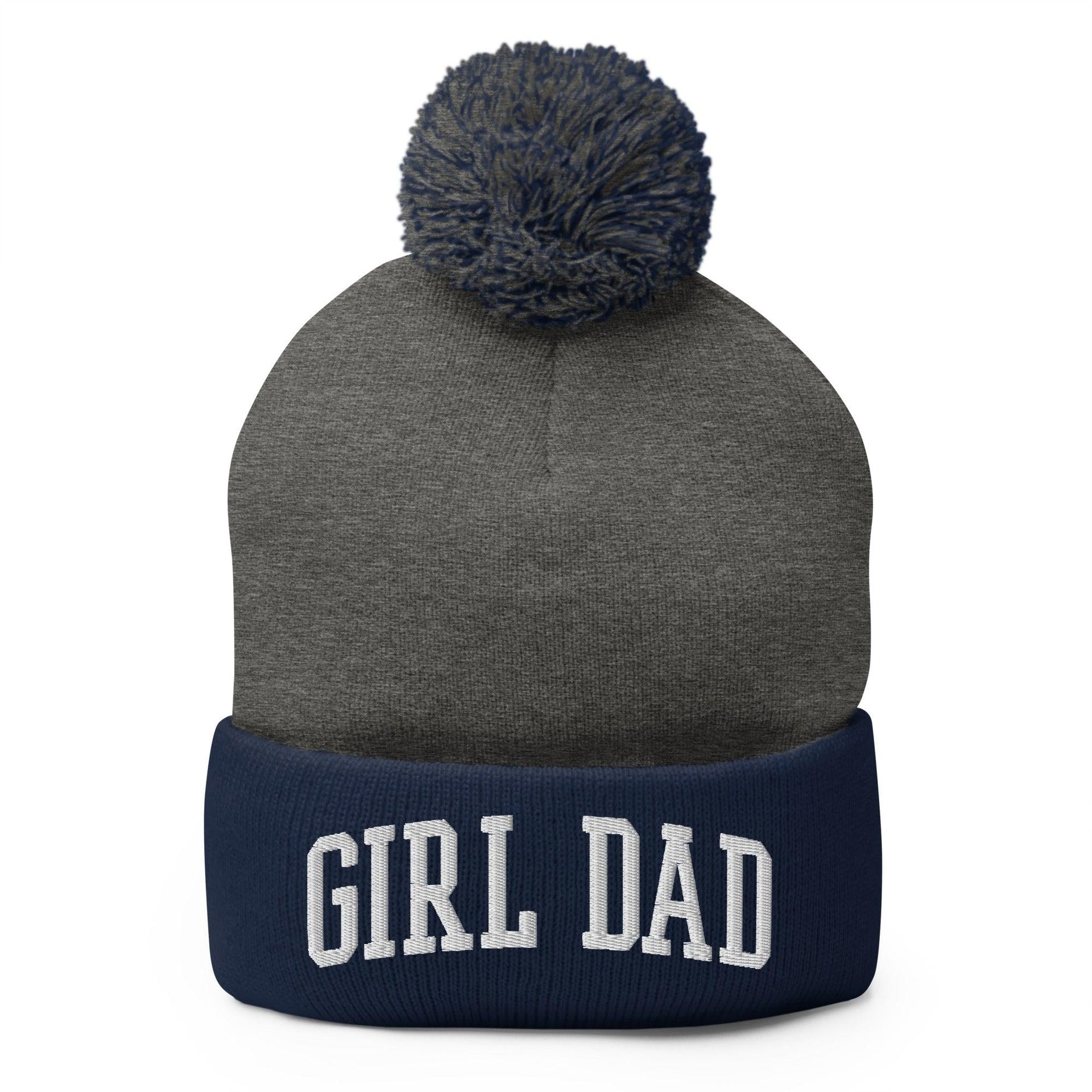 Girl Dad Varsity Letterman Block Embroidered Knit Pom Pom Beanie Dark Heather Grey Navy Beanies Capital Crowns Dad Hats Funny