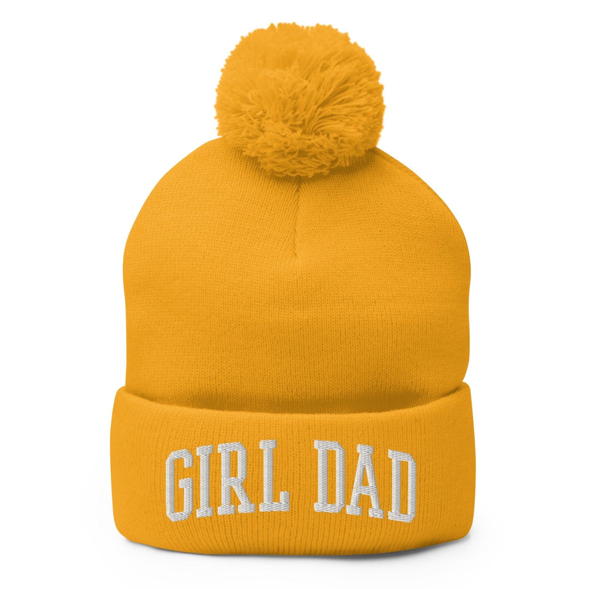 Girl Dad Varsity Letterman Block Embroidered Knit Pom Pom Beanie Gold Beanies Capital Crowns Dad Hats Funny