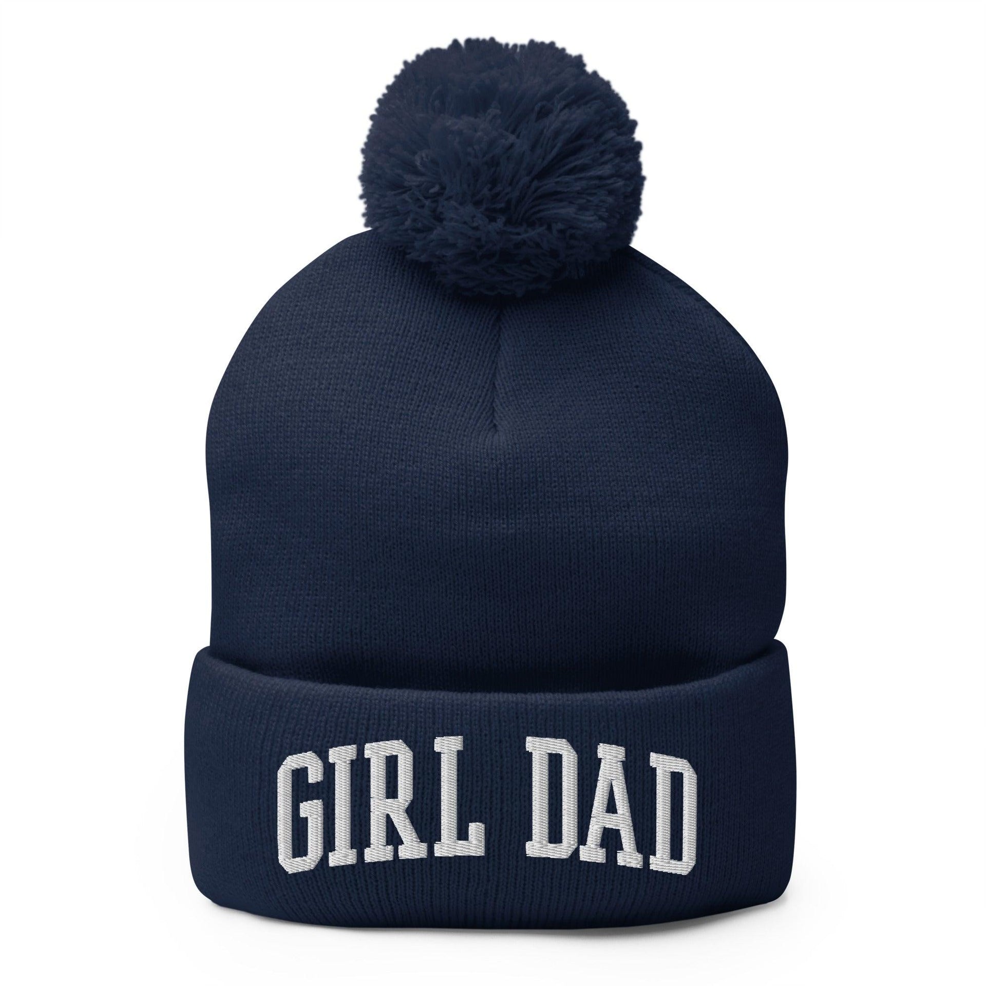 Girl Dad Varsity Letterman Block Embroidered Knit Pom Pom Beanie Navy Beanies Capital Crowns Dad Hats Funny