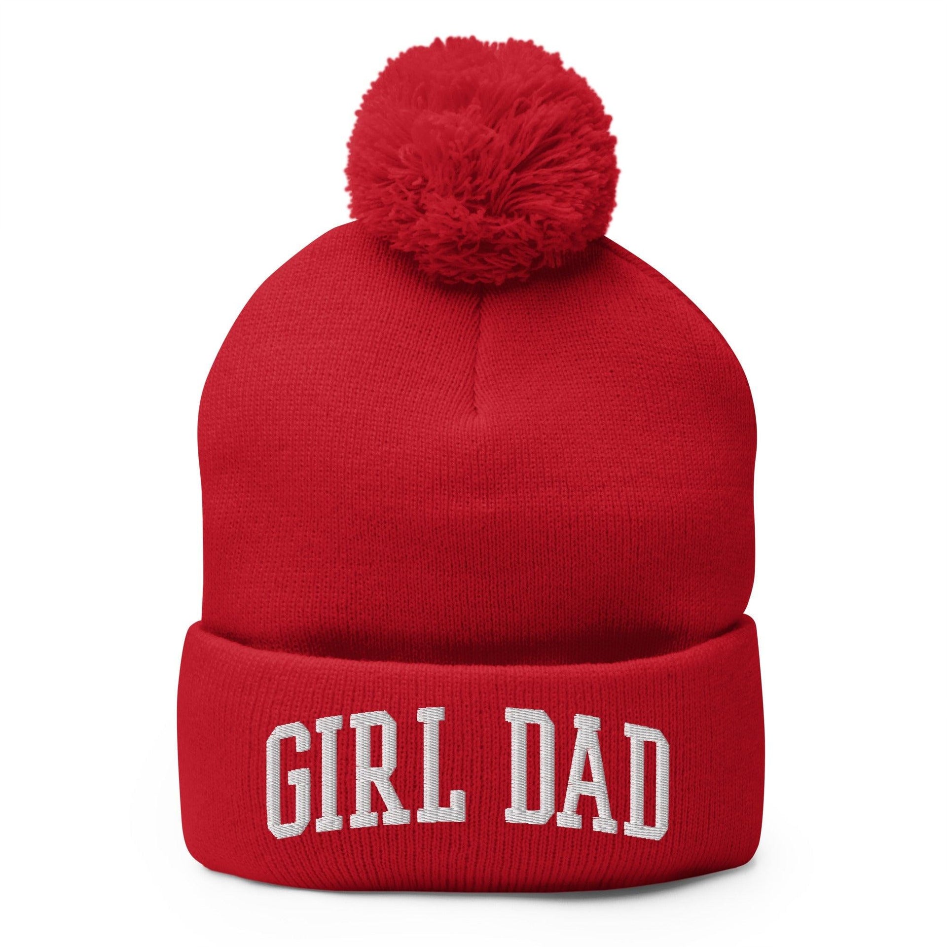 Girl Dad Varsity Letterman Block Embroidered Knit Pom Pom Beanie Red Beanies Capital Crowns Dad Hats Funny