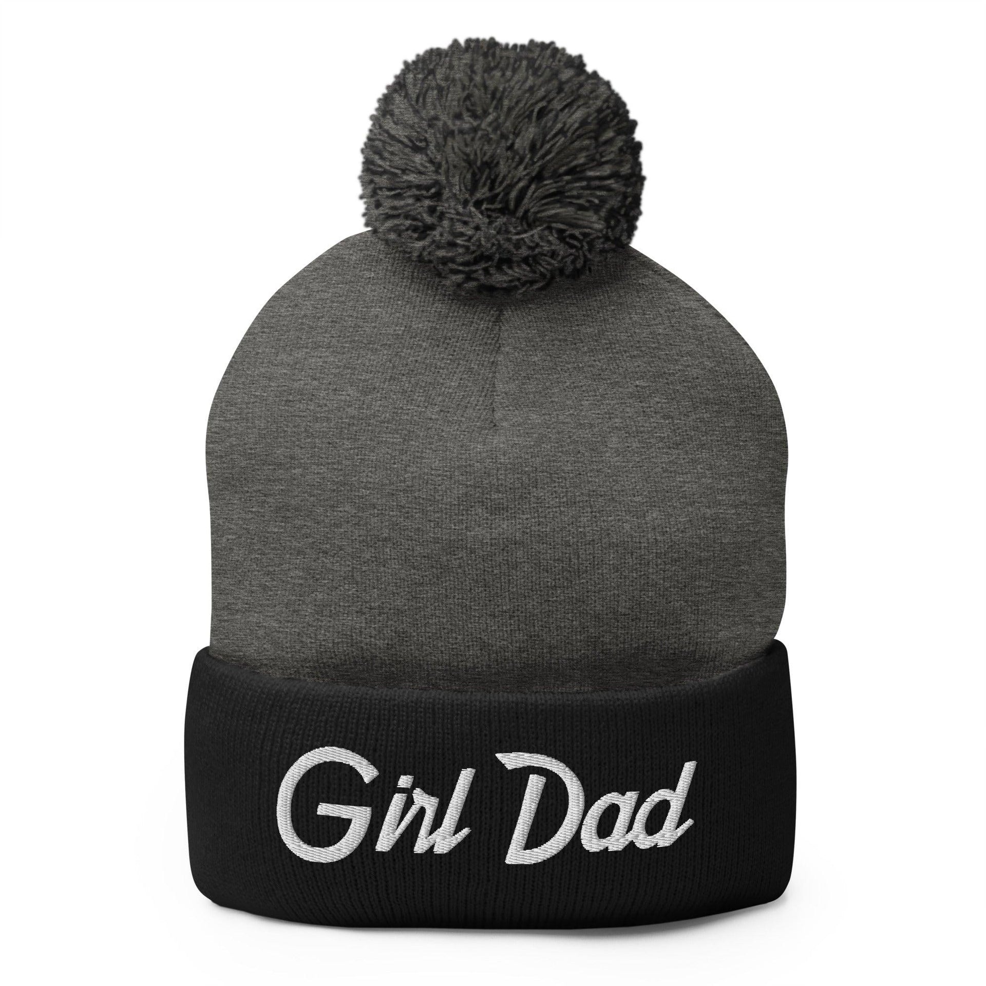 Girl Dad Vintage Sports Script Embroidered Knit Pom Pom Beanie Dark Heather Grey Black Beanies Capital Crowns Dad Hats Funny