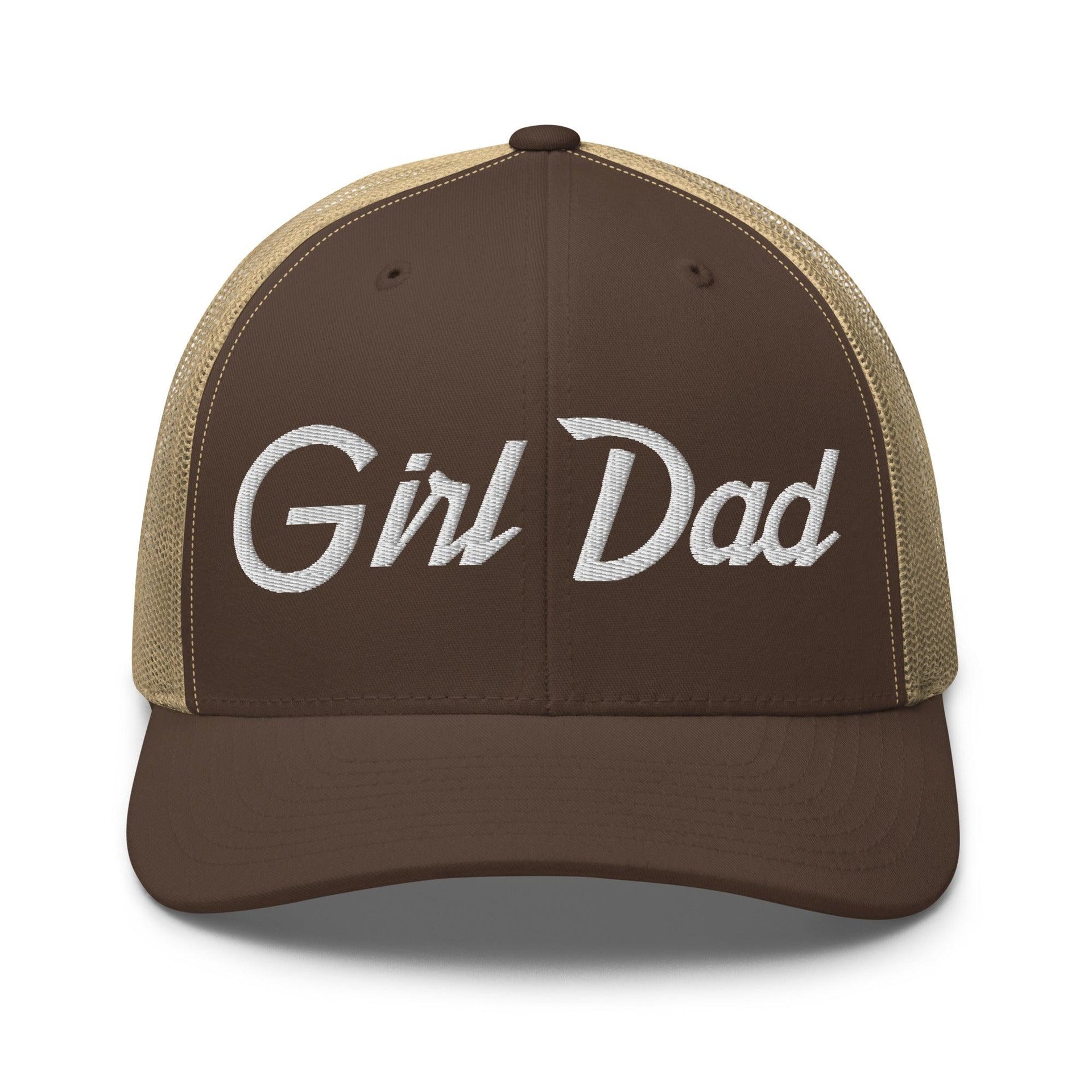 Girl Dad Vintage Sports Script Embroidered Mesh Trucker Hat Brown Khaki Capital Crowns Dad Hats Funny Trucker Hats