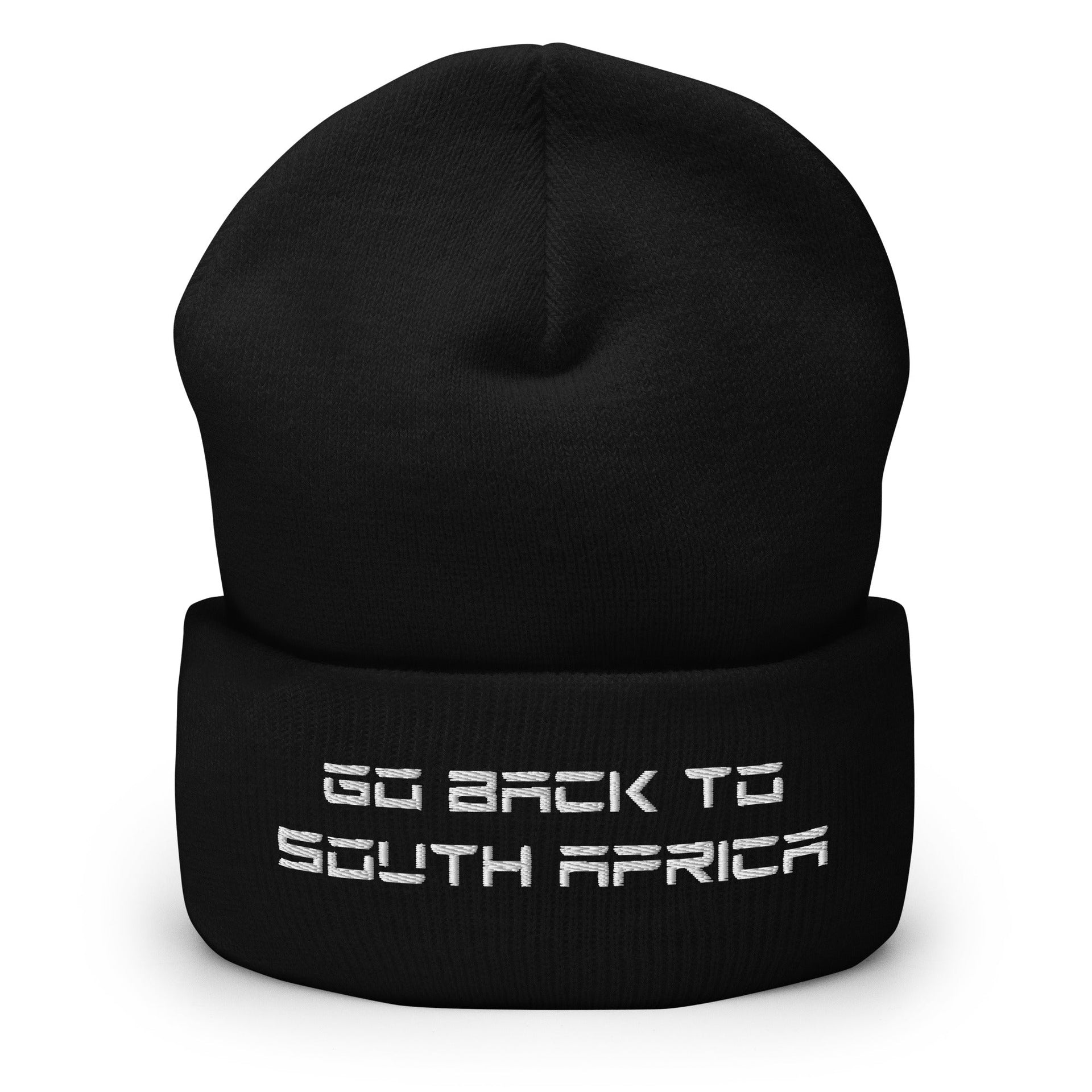 Go Back to South Africa Elon Musk Embroidered Cuffed Knit Beanie Black Beanies Capital Crowns Liberal