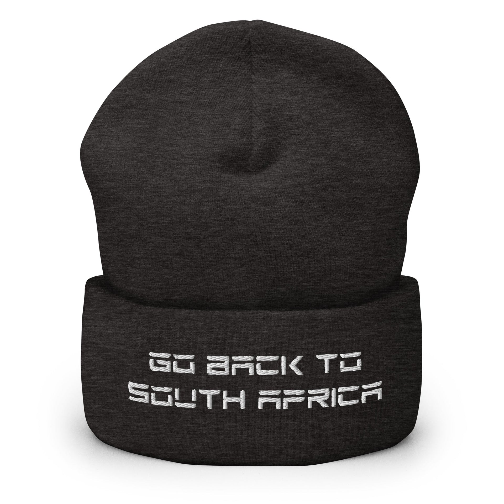 Go Back to South Africa Elon Musk Embroidered Cuffed Knit Beanie Dark Grey Beanies Capital Crowns Liberal