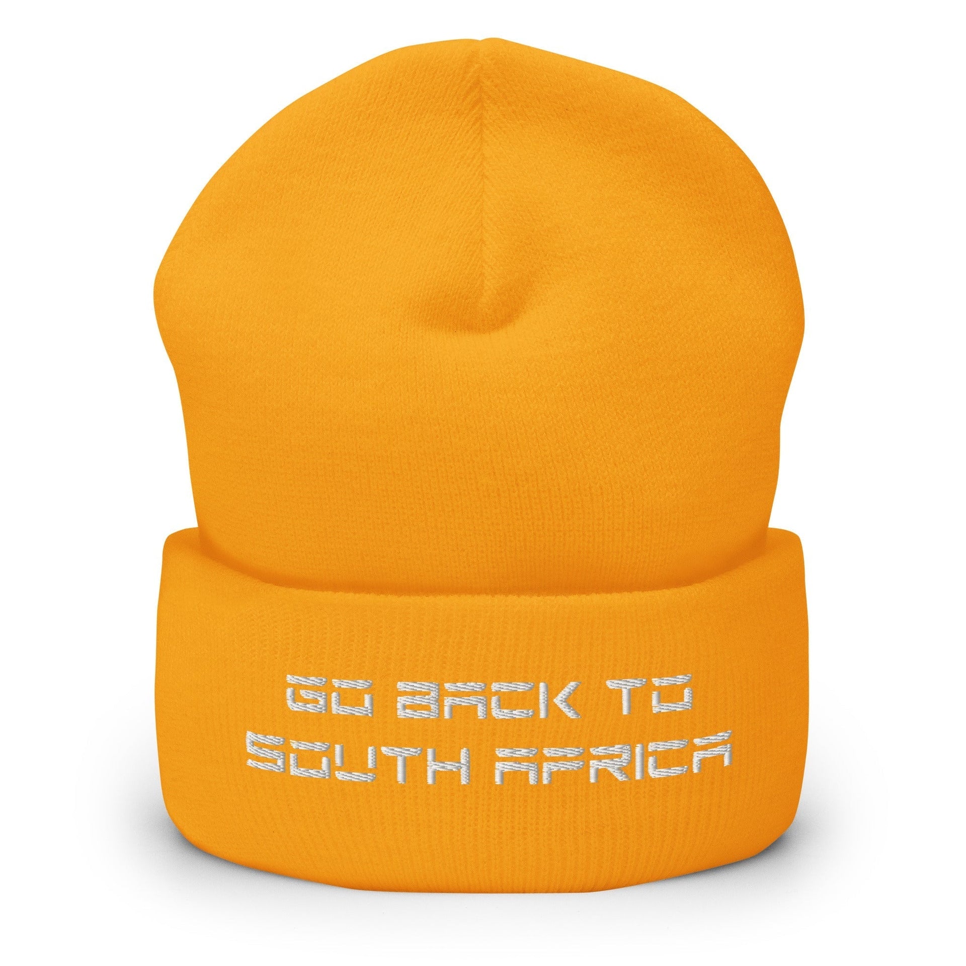 Go Back to South Africa Elon Musk Embroidered Cuffed Knit Beanie Gold Beanies Capital Crowns Liberal