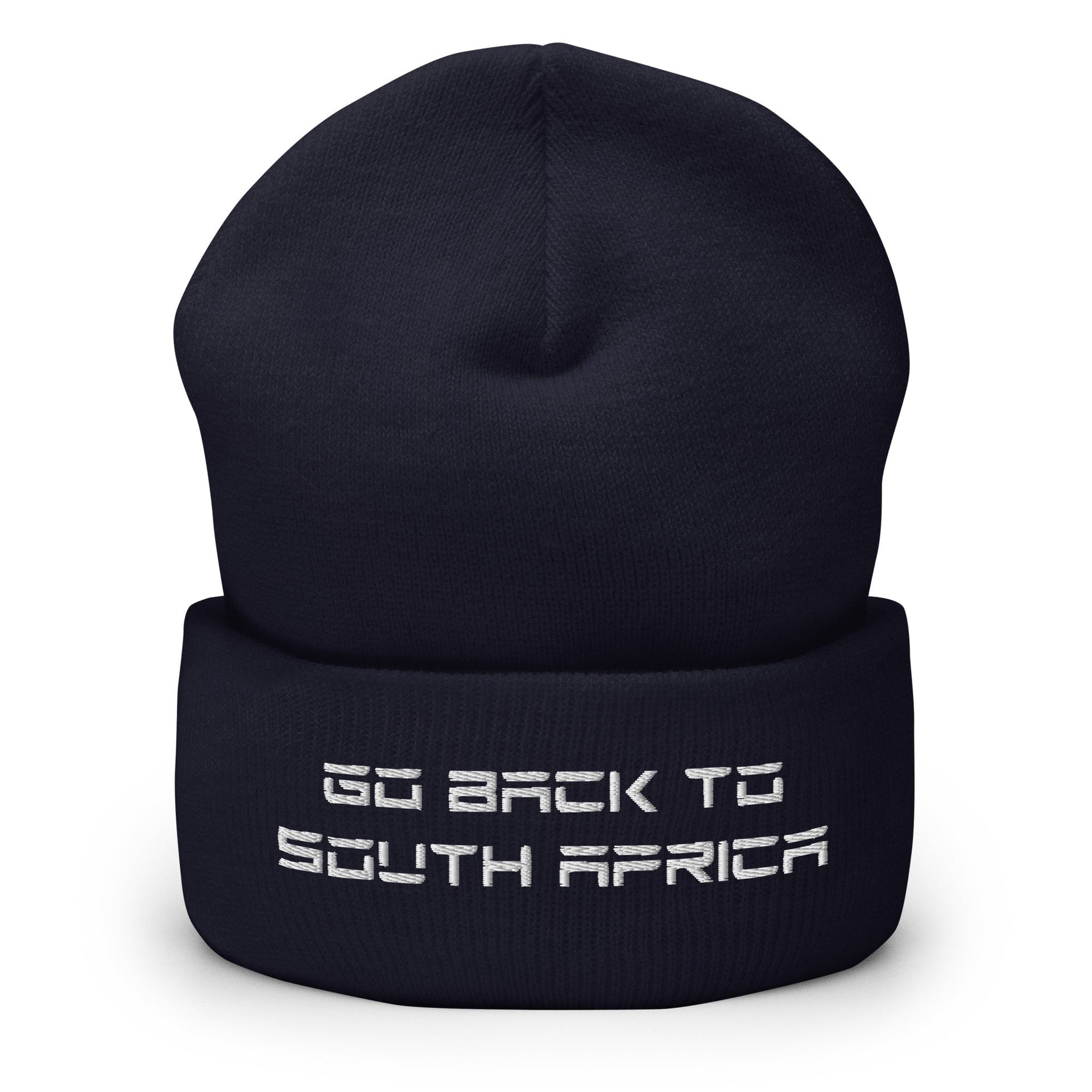 Go Back to South Africa Elon Musk Embroidered Cuffed Knit Beanie Navy Beanies Capital Crowns Liberal