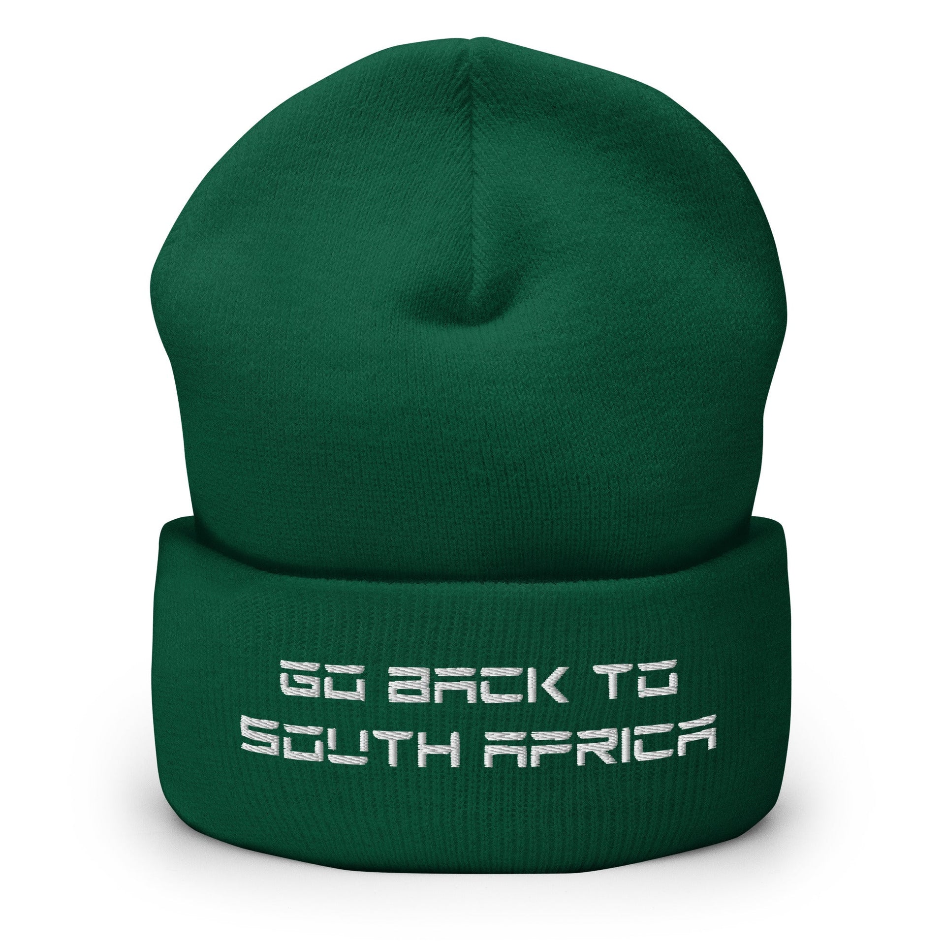 Go Back to South Africa Elon Musk Embroidered Cuffed Knit Beanie Spruce Beanies Capital Crowns Liberal