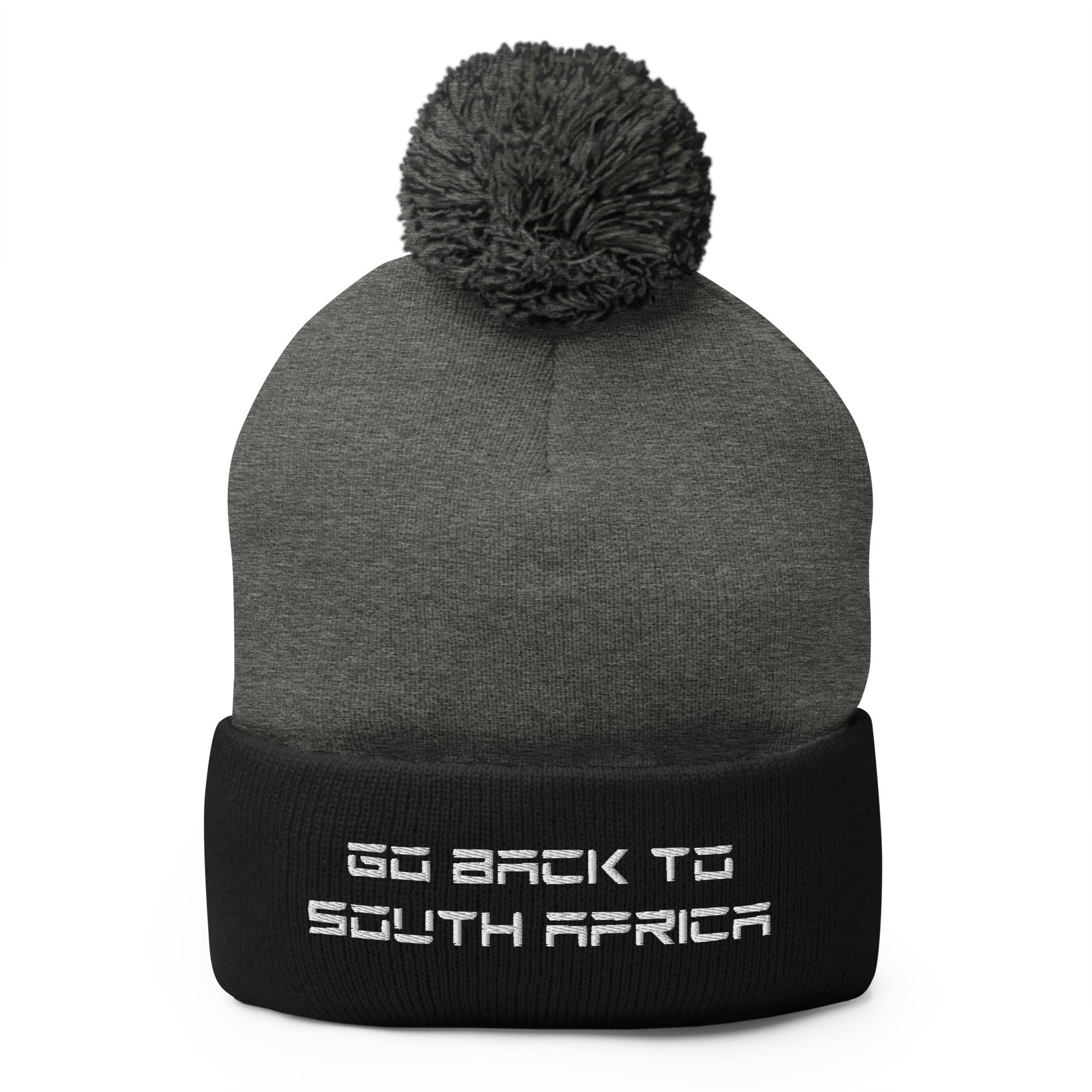 Go Back to South Africa Elon Musk Embroidered Pom Pom Knit Beanie Dark Heather Grey Black Beanies Capital Crowns Liberal
