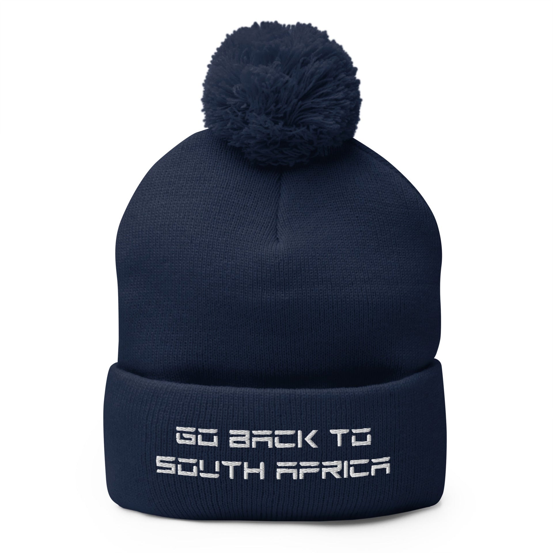 Go Back to South Africa Elon Musk Embroidered Pom Pom Knit Beanie Navy Beanies Capital Crowns Liberal