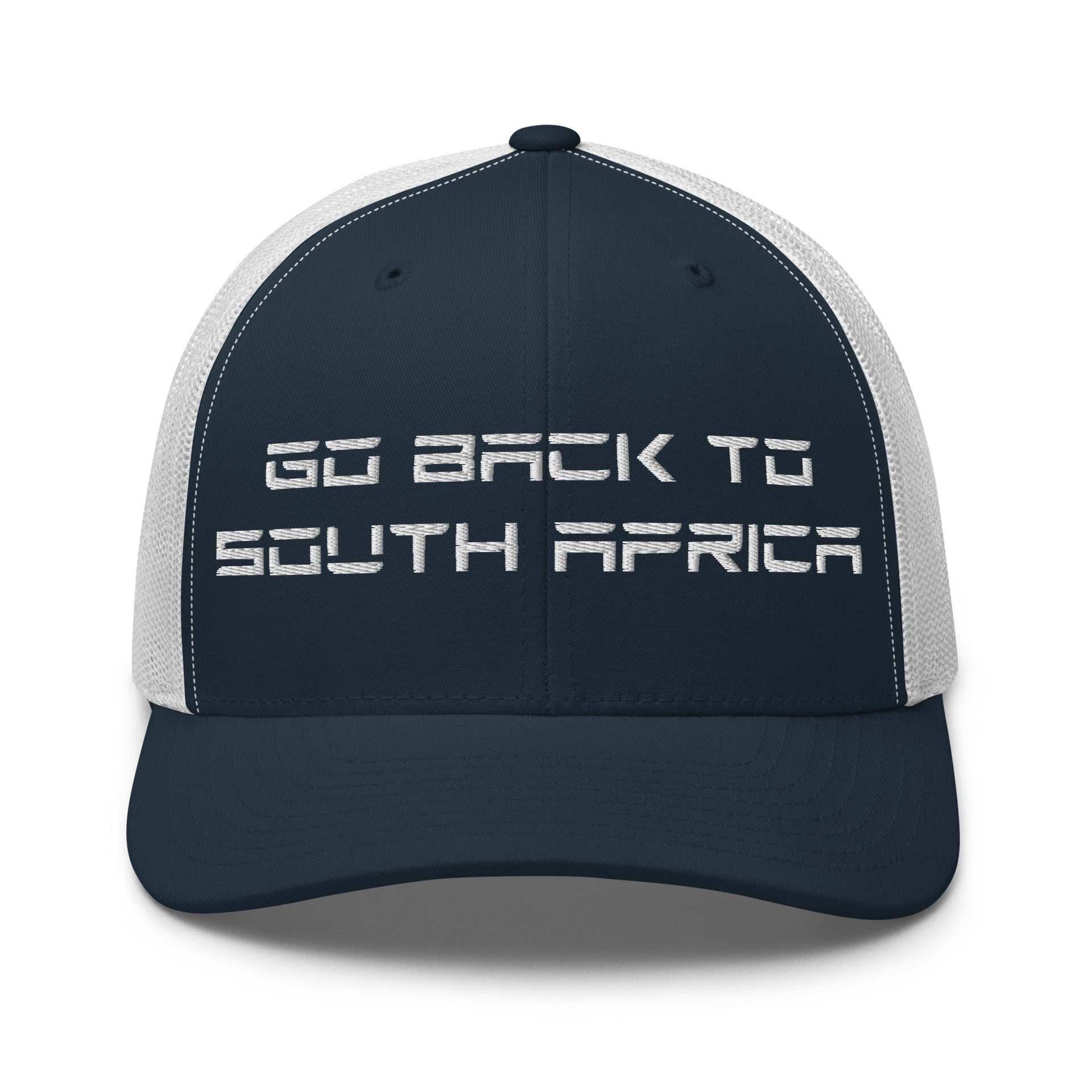 Go Back to South Africa Elon Musk Embroidered Retro Mesh Trucker Hat Navy White Capital Crowns Liberal Trucker Hats