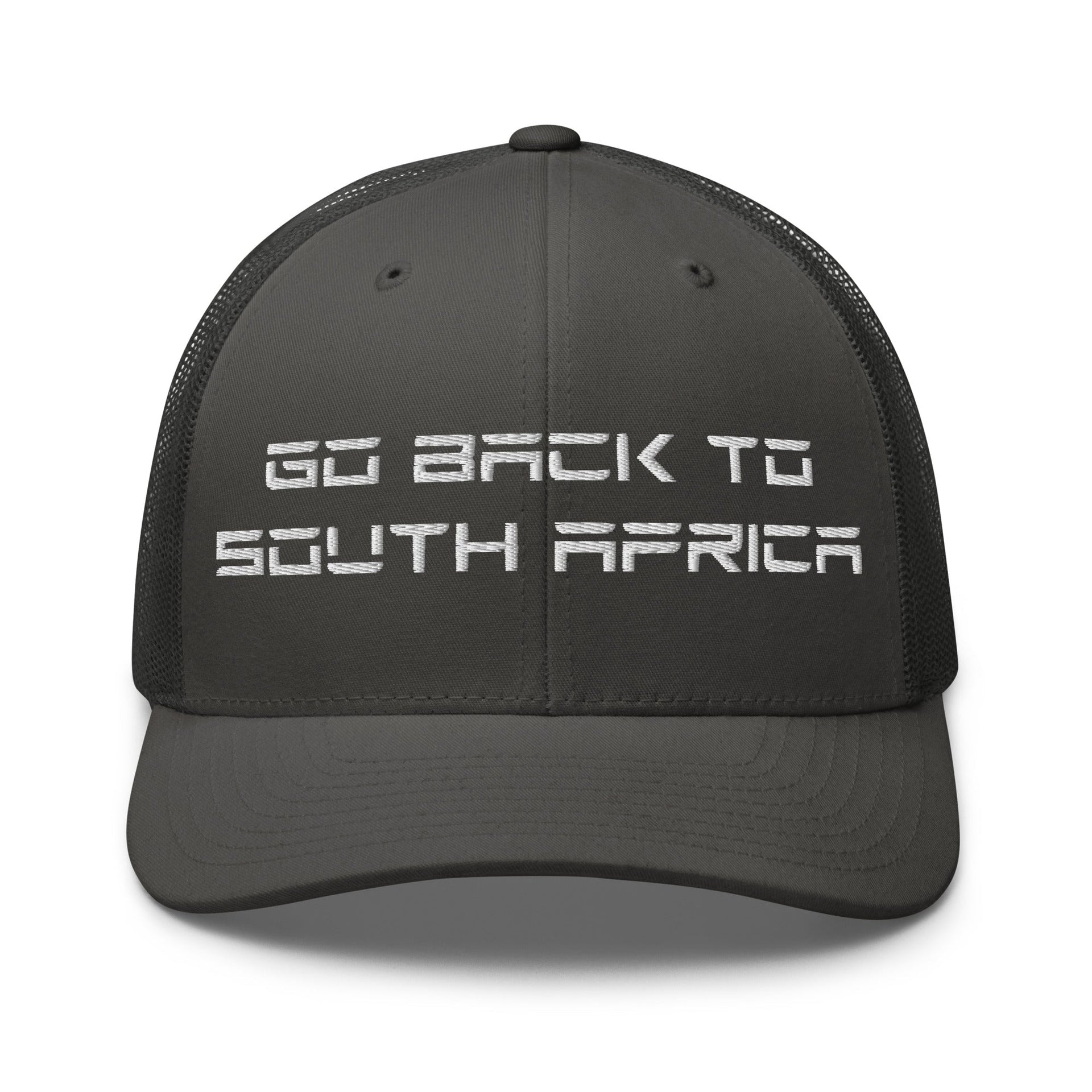 Go Back to South Africa Elon Musk Embroidered Retro Mesh Trucker Hat Charcoal Capital Crowns Liberal Trucker Hats