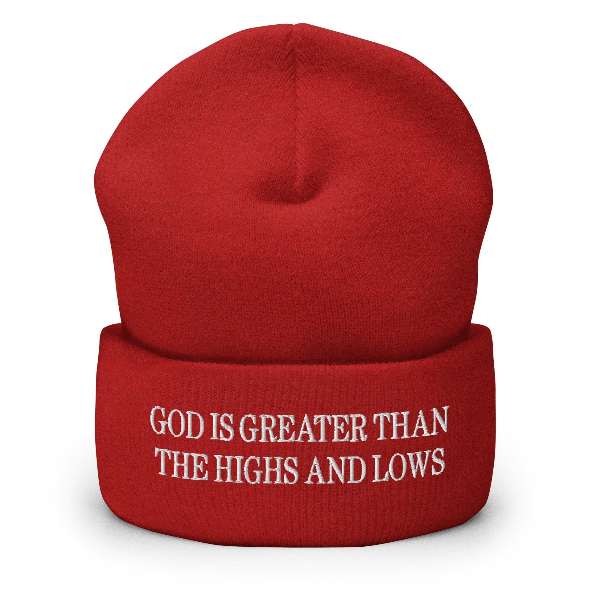 God is Greater than the Highs and Lows Embroidered Knit Cuffed Beanie Red Beanies Capital Crowns Religious
