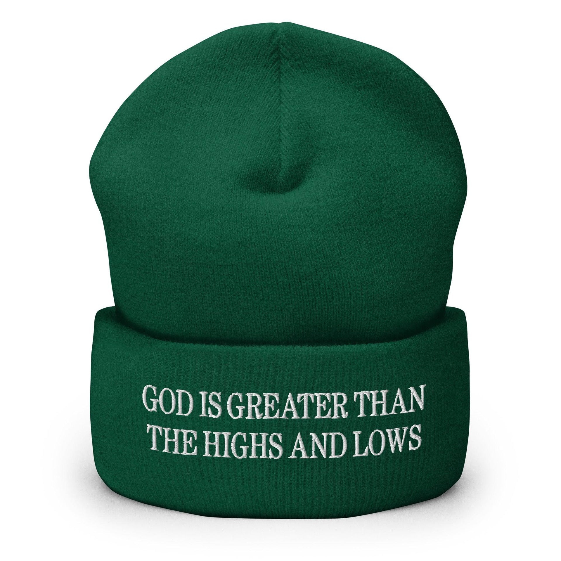 God is Greater than the Highs and Lows Embroidered Knit Cuffed Beanie Spruce Beanies Capital Crowns Religious