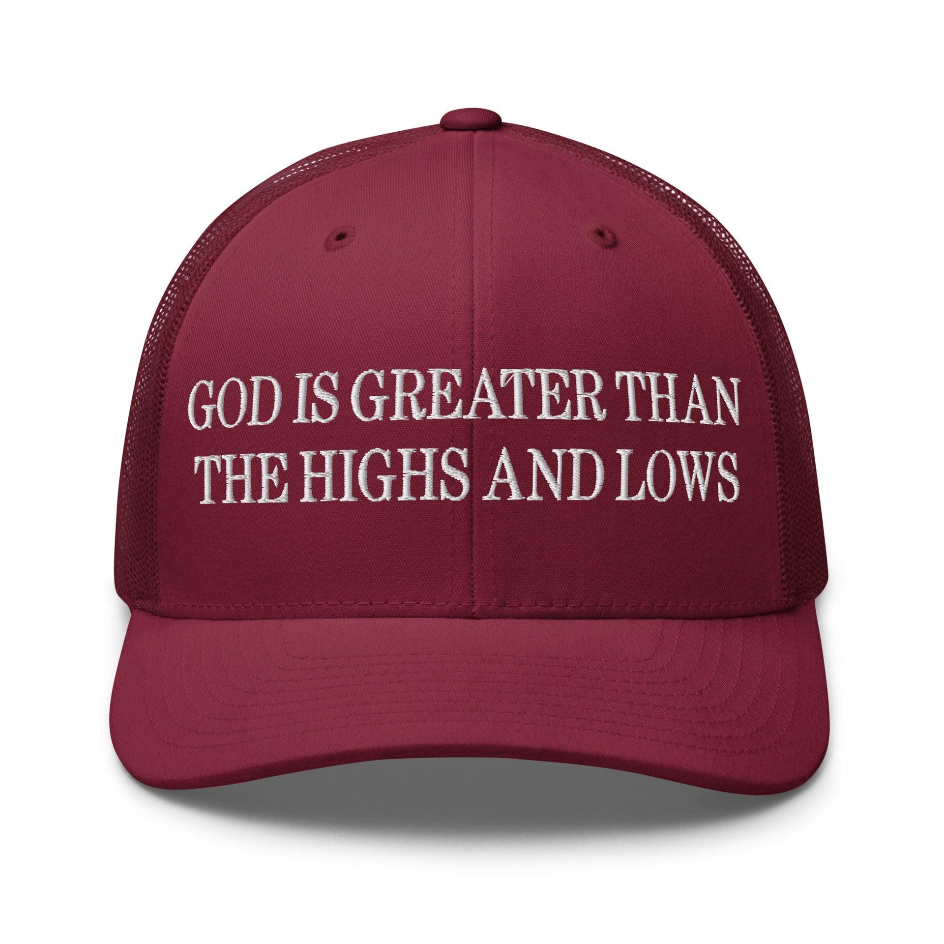 God is Greater than the Highs and Lows Embroidered Mesh Trucker Hat Cranberry Capital Crowns Religious Trucker Hats