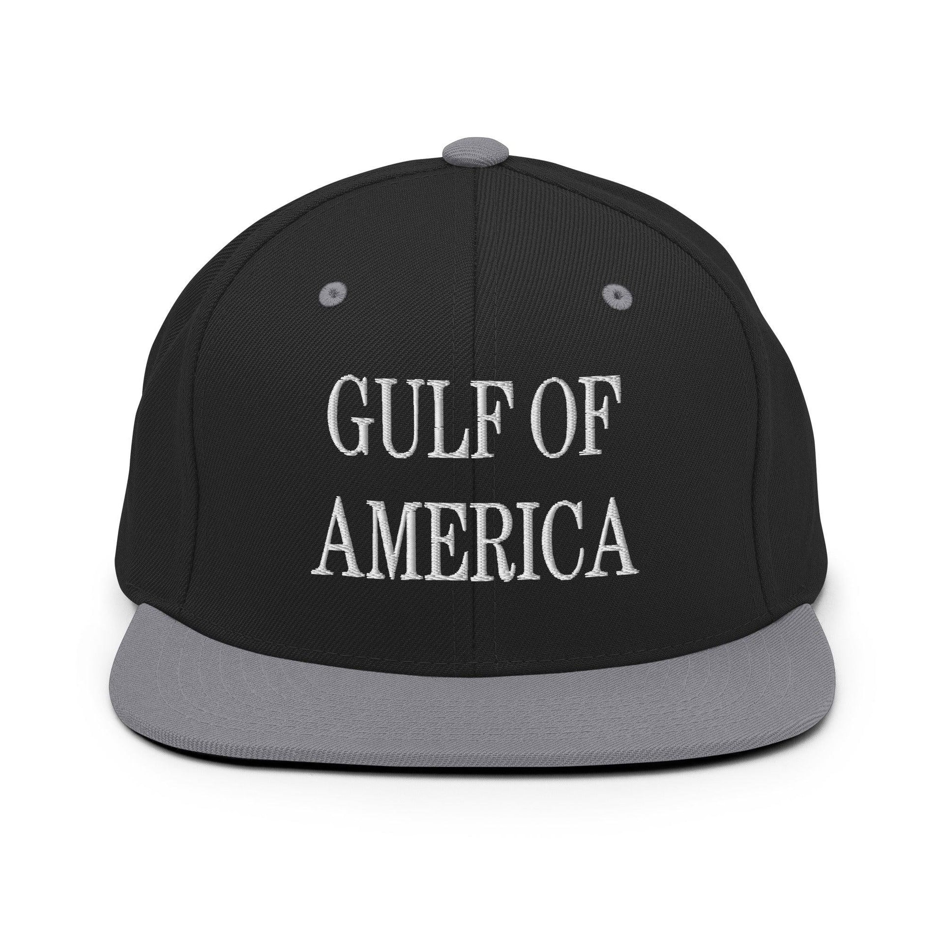 Gulf of America Embroidered Flat Bill Brim Snapback Hat Black Silver Capital Crowns Conservative LADs Make Again Snapback Hats
