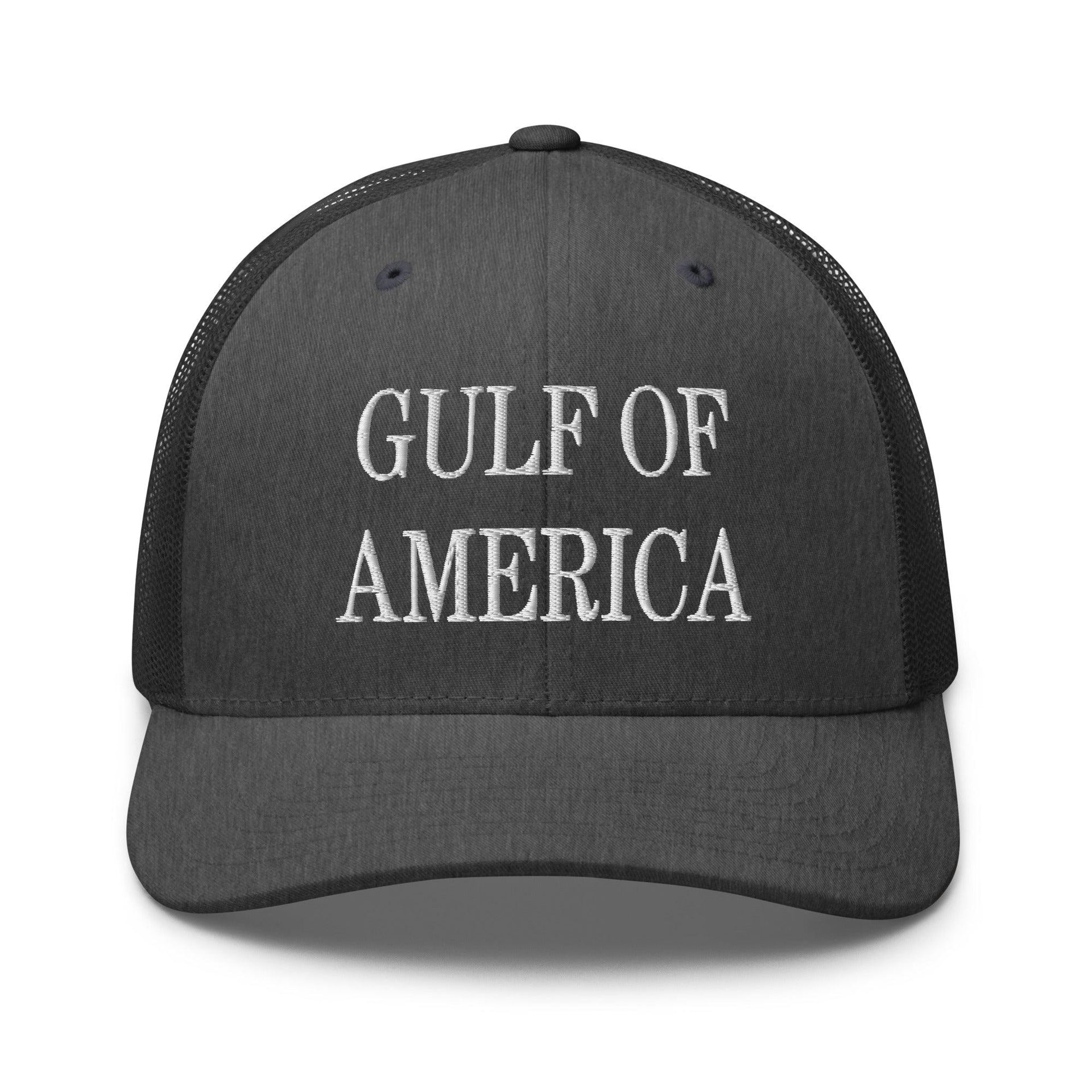 Gulf of America Embroidered Mesh Trucker Hat Dark Heather Gray Capital Crowns Conservative LADs Make Again Trucker Hats